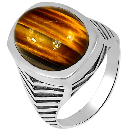 Natural Tiger's Eye 925 Solid Sterling Silver Men's Ring Size 8, 9, 10, 11, 12, 13 - Natural Rocks by Kala