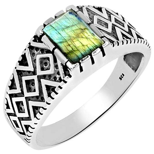 Natural Blue Labradorite 925 Sterling Silver Men's Ring Size 7, 8, 9, 10, 11 - Natural Rocks by Kala