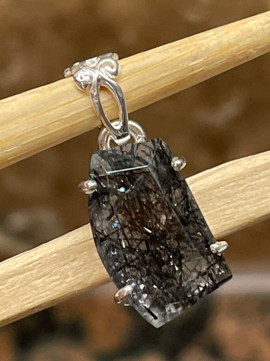 Genuine Black Rutile 925 Solid Sterling Silver Pendant 24mm - Natural Rocks by Kala
