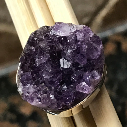 Genuine Purple Amethyst 925 Solid Sterling Silver Unisex Cluster Ring Size 6.75 - Natural Rocks by Kala