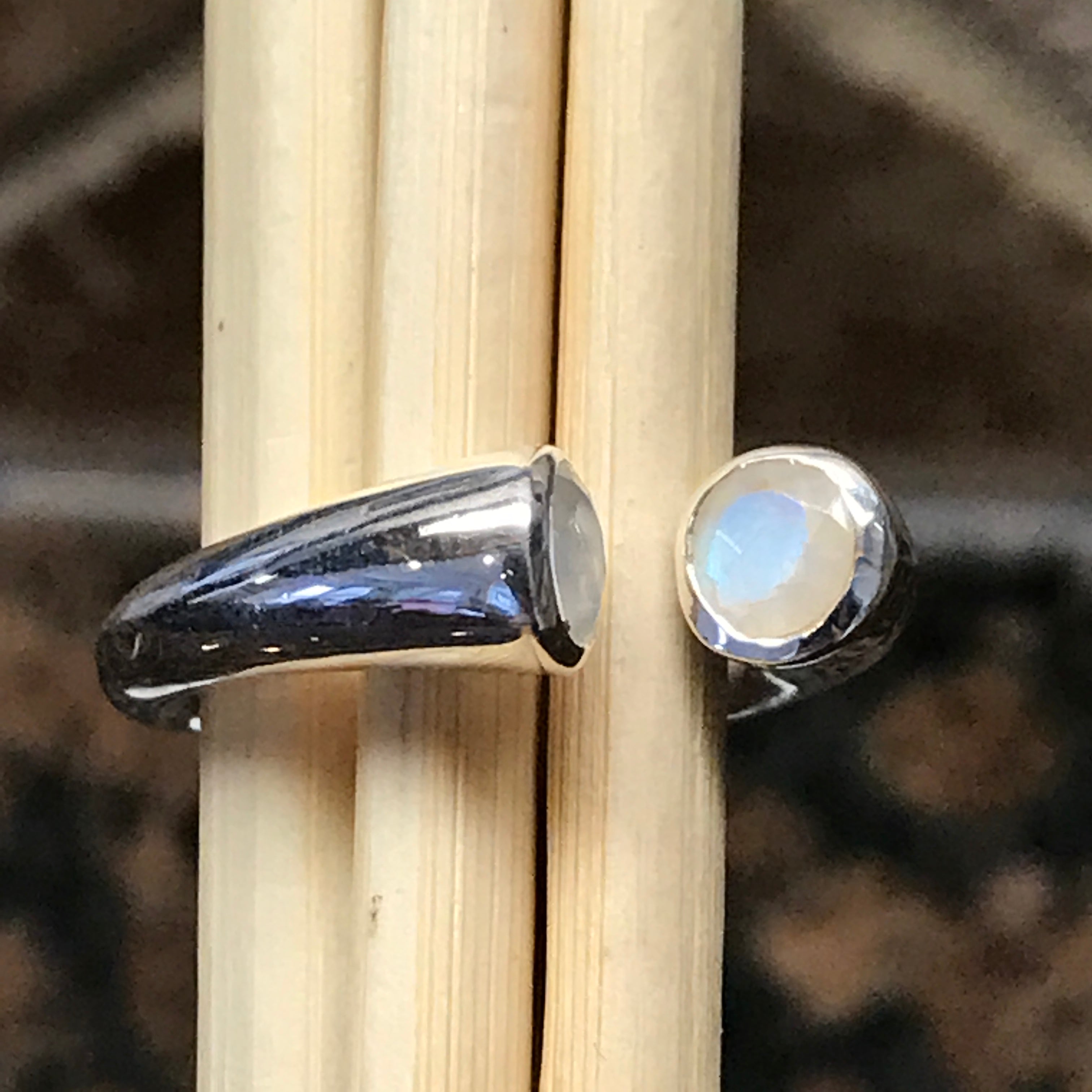 Genuine Rainbow Moonstone 925 Solid Sterling Silver Open Band Ring Size 6, 8, 9 - Natural Rocks by Kala