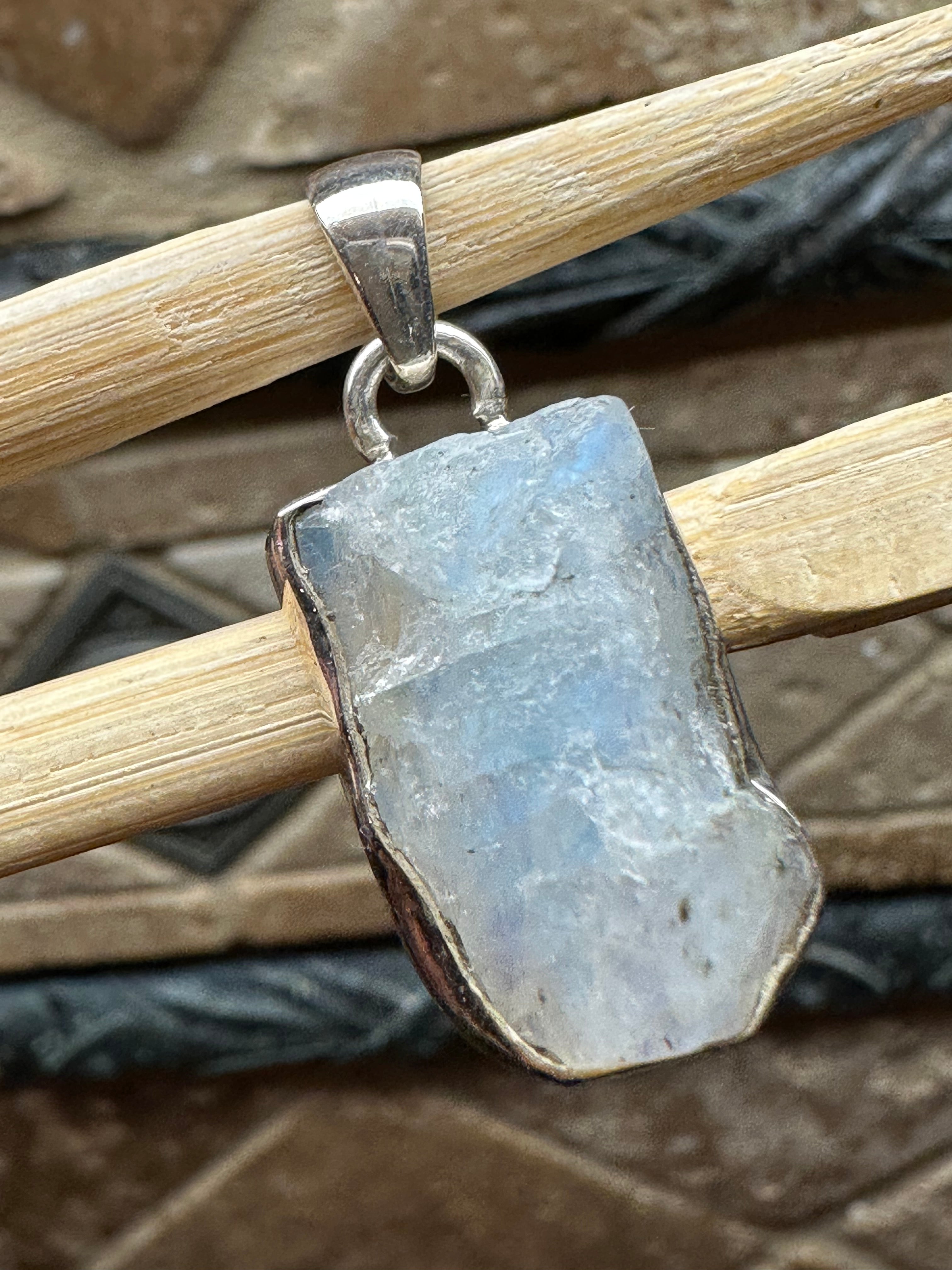 Natural Rainbow Moonstone 925 Solid Sterling Silver Unisex Pendant 35mm