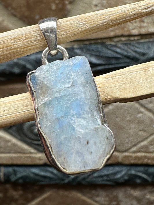 Natural Rainbow Moonstone 925 Solid Sterling Silver Unisex Pendant 35mm - Natural Rocks by Kala