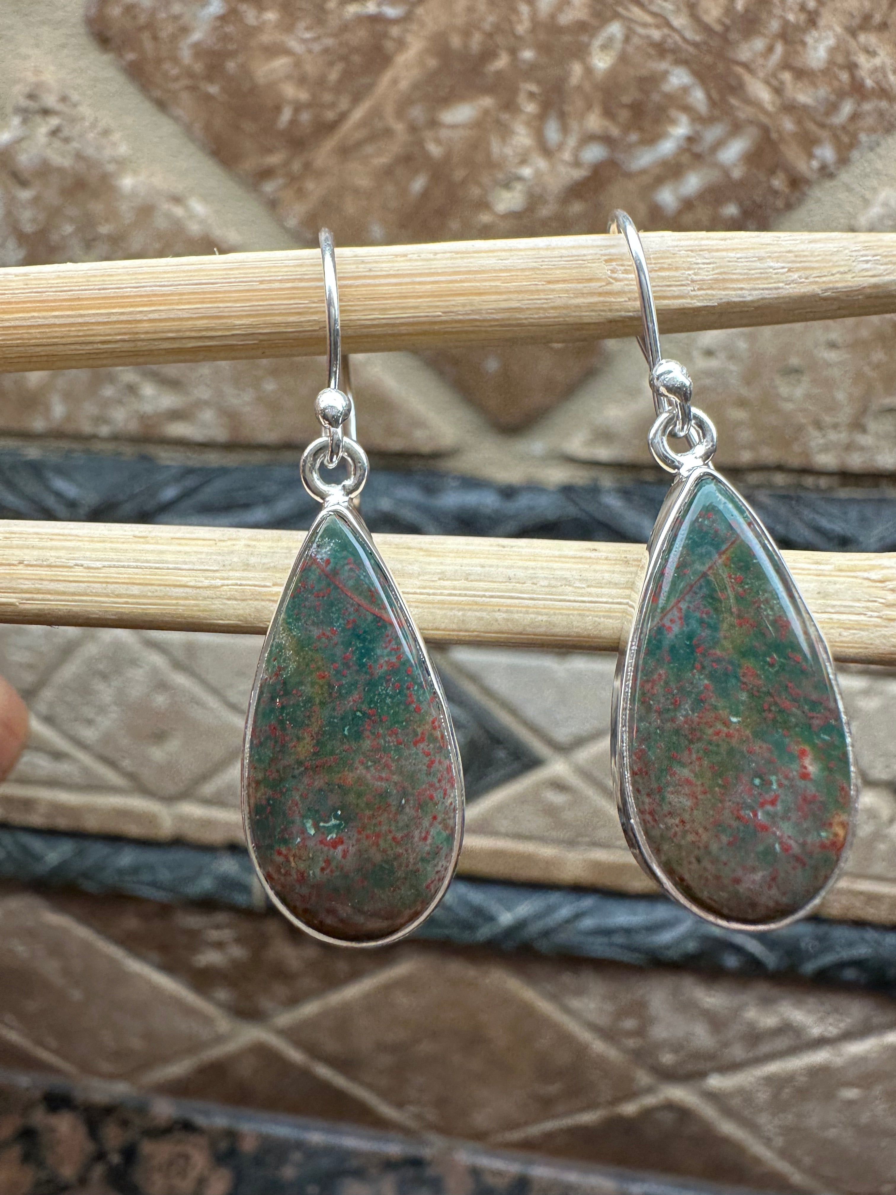 Natural Bloodstone 925 Solid Sterling Silver Earrings 40mm - Natural Rocks by Kala