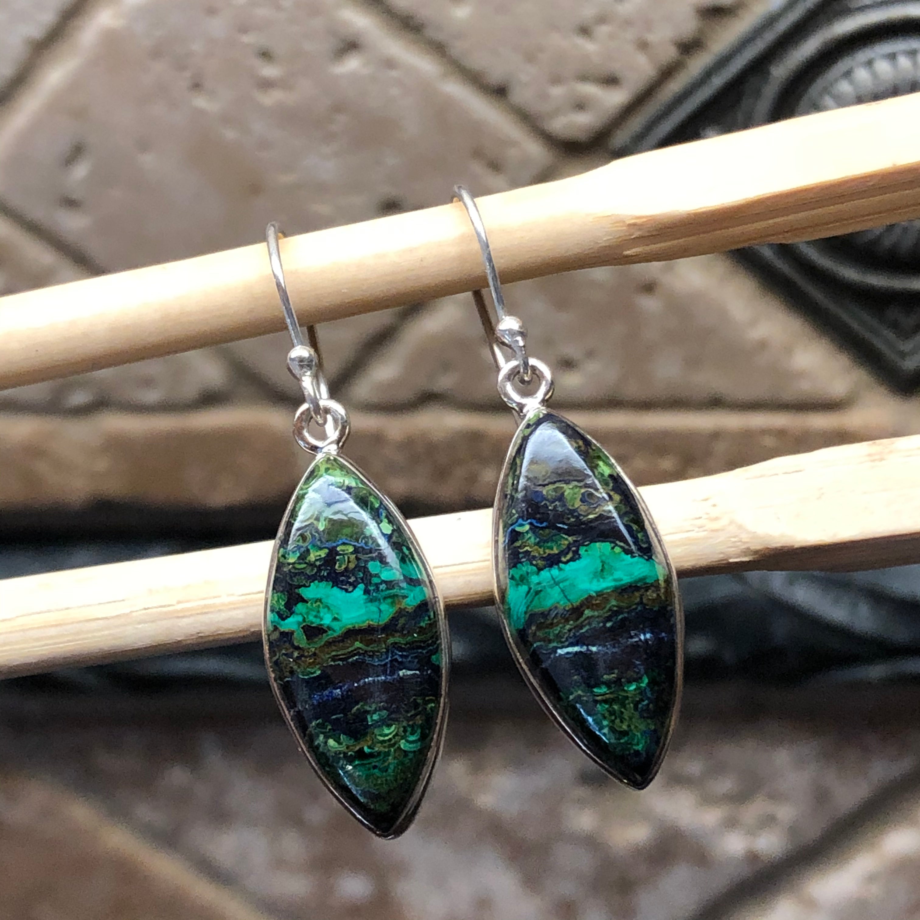 Natural Malachite in Azurite 925 Sterling Silver Earrings 35mm - Natural Rocks by Kala