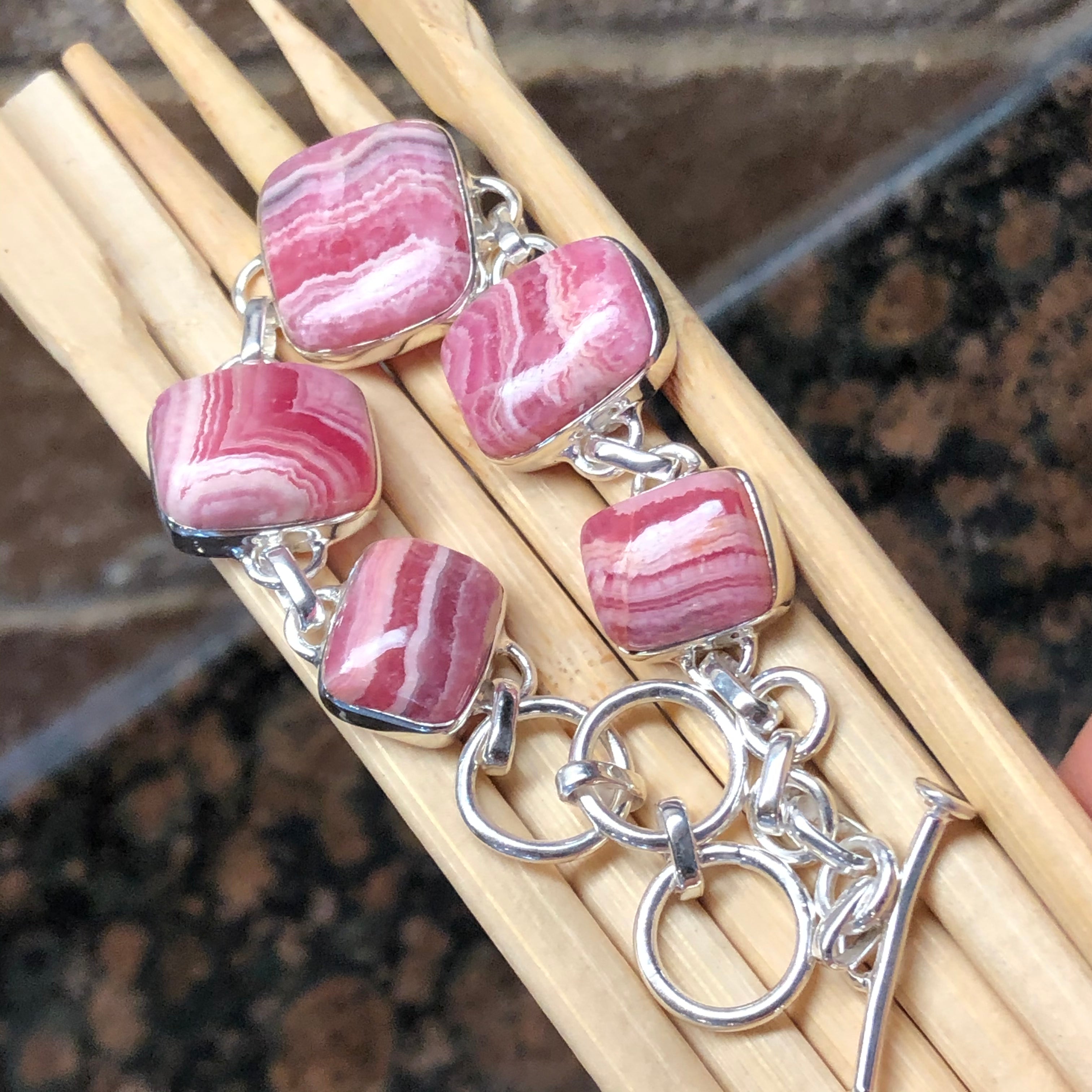 Natural Pink Rhodocrosite 925 Solid Sterling Silver Bracelets 7 1/2 inches - Natural Rocks by Kala