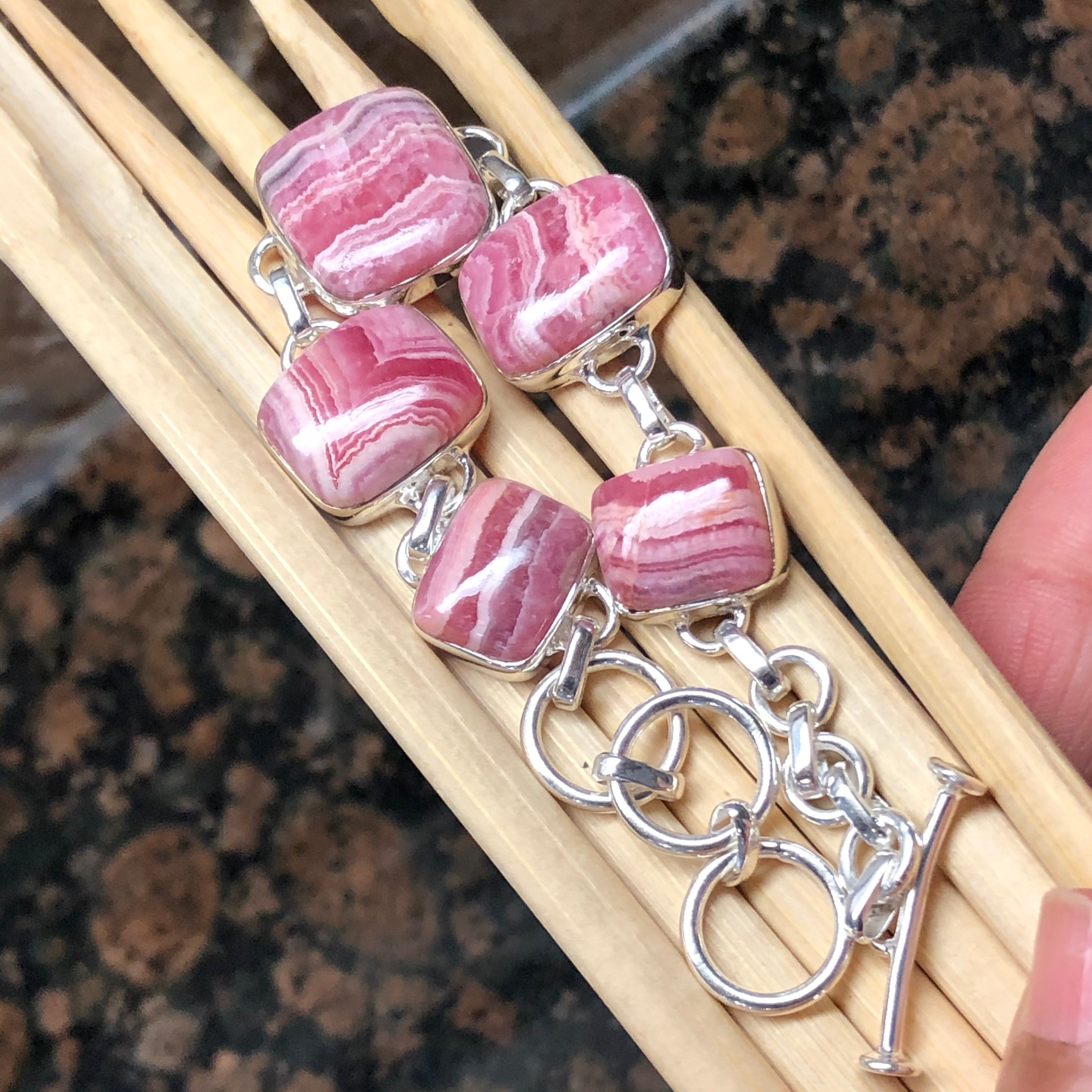 Natural Pink Rhodocrosite 925 Solid Sterling Silver Bracelets 7 1/2 inches - Natural Rocks by Kala