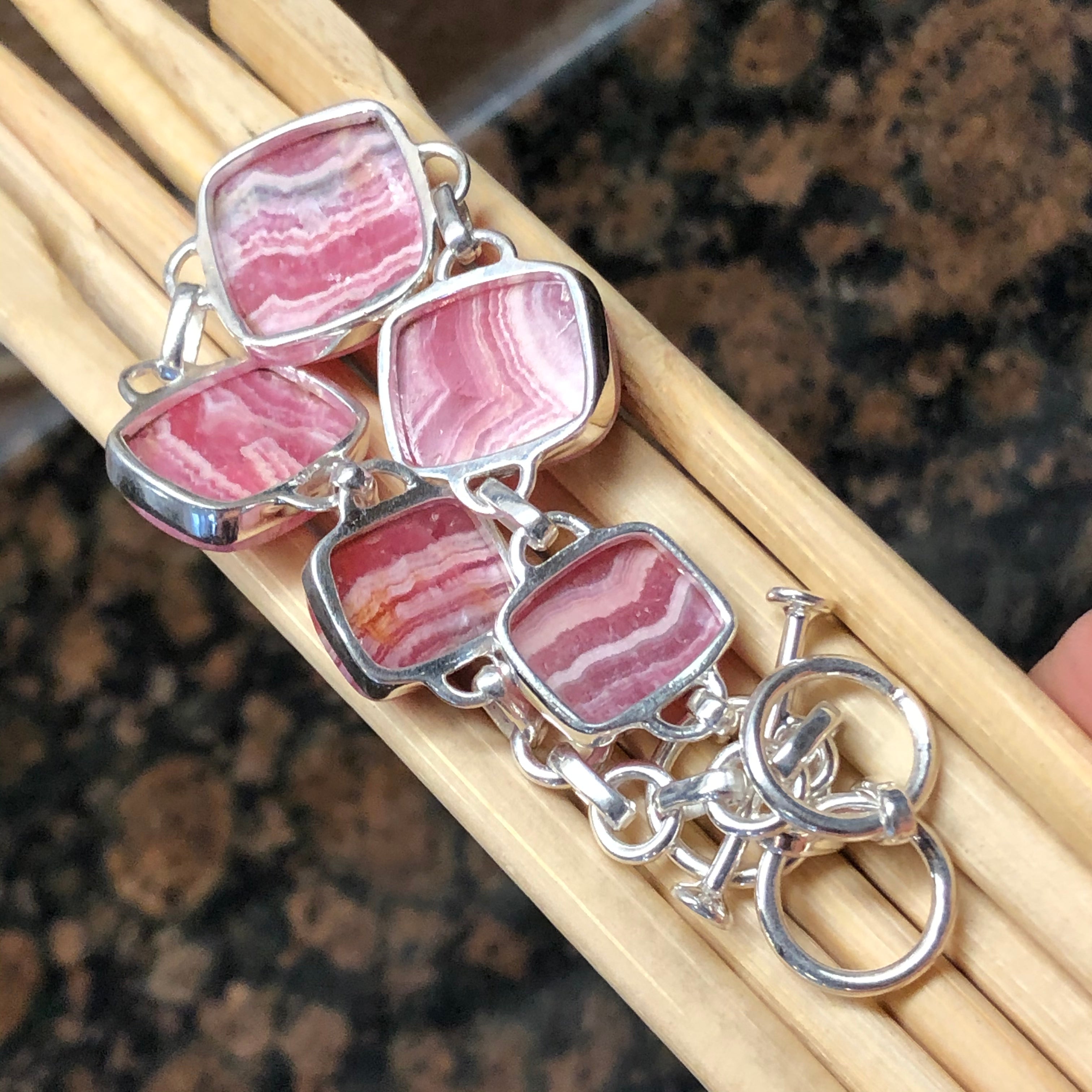 Natural Pink Rhodocrosite 925 Solid Sterling Silver Bracelets 7 1/2 inches - Natural Rocks by Kala