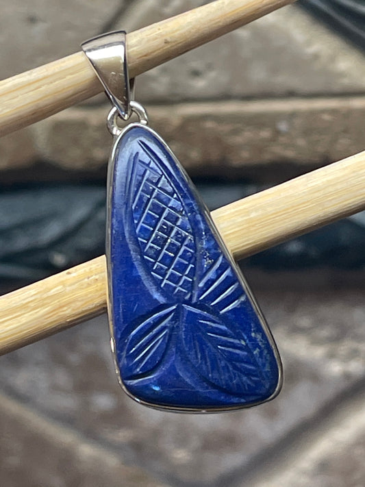 Natural Blue Lapis Lazuli 925 Solid Sterling Silver Handcarved Pendant 45mm - Natural Rocks by Kala
