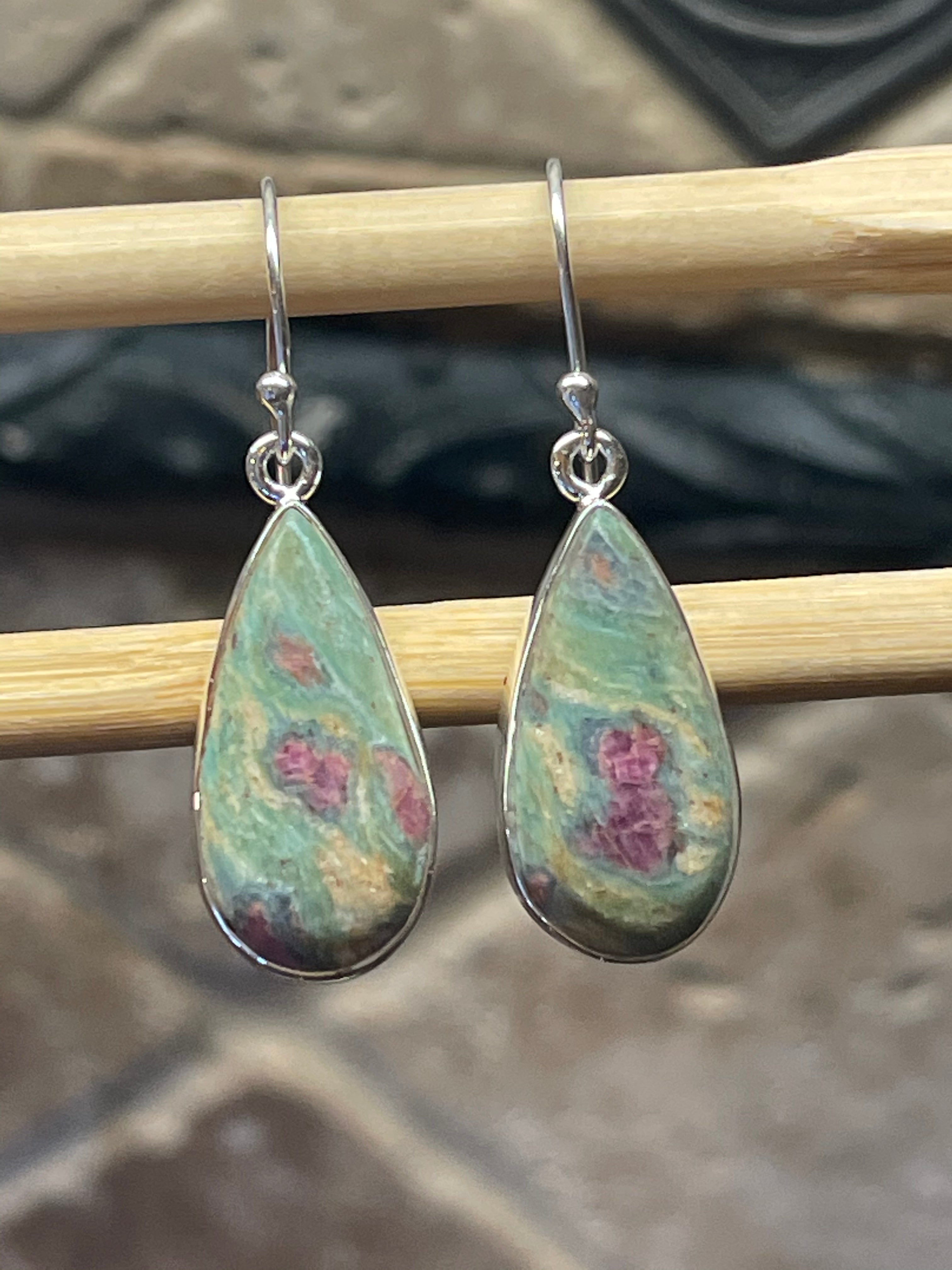 Natural Ruby in Fuchsite 925 Solid Sterling Silver Earrings 35mm - Natural Rocks by Kala