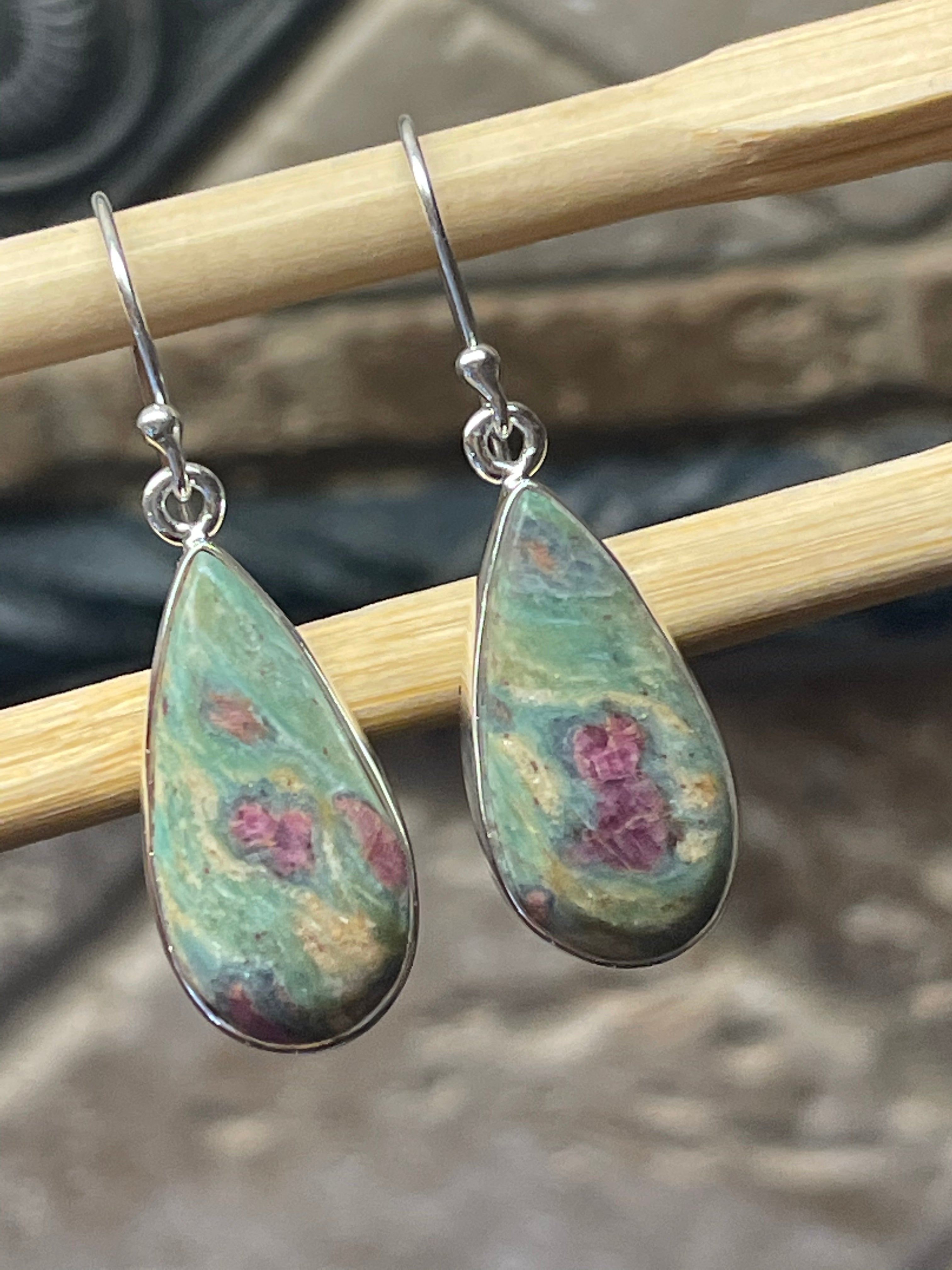 Natural Ruby in Fuchsite 925 Solid Sterling Silver Earrings 35mm - Natural Rocks by Kala