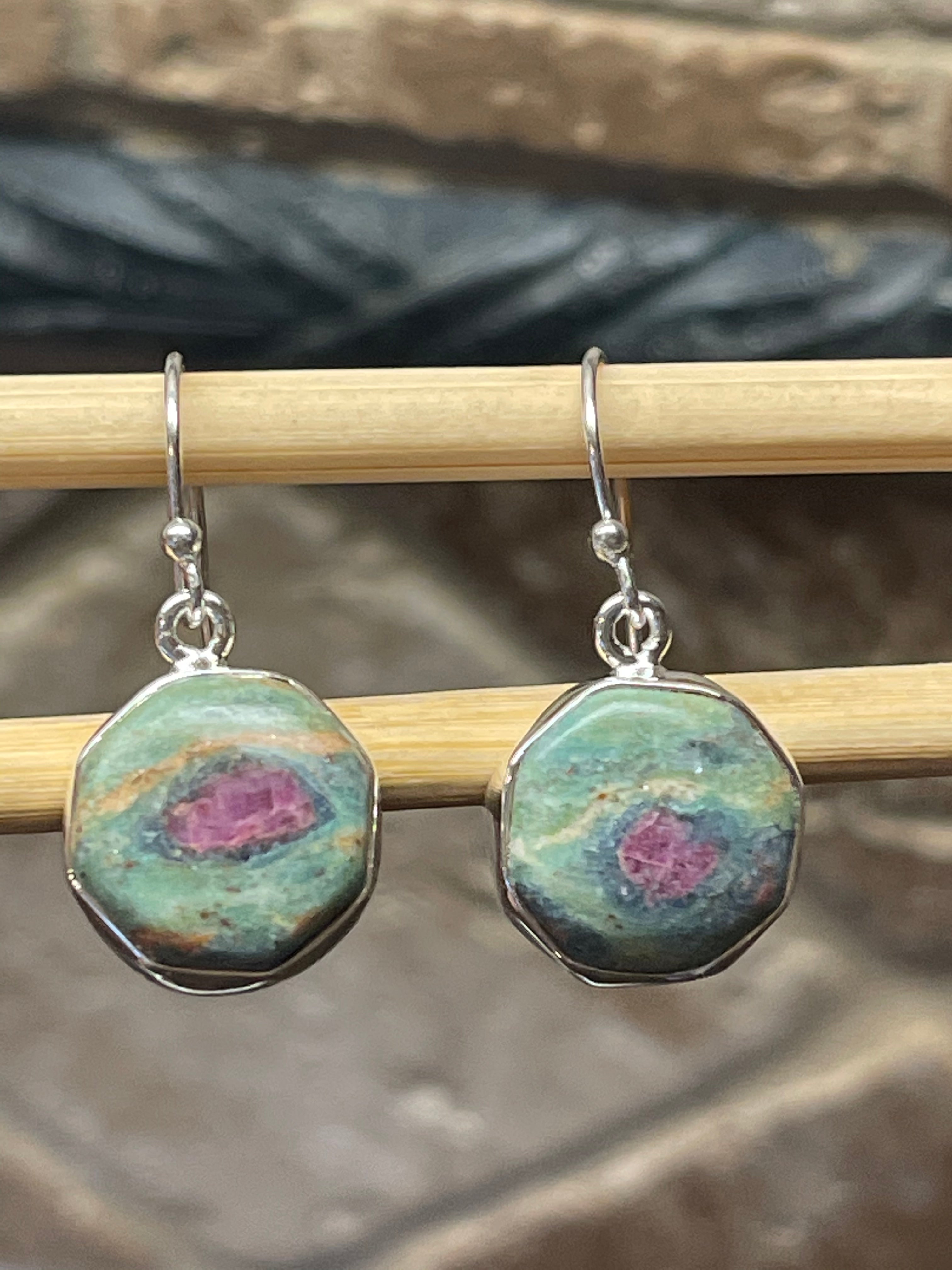 Natural Ruby in Fuchsite 925 Solid Sterling Silver Earrings 30mm - Natural Rocks by Kala