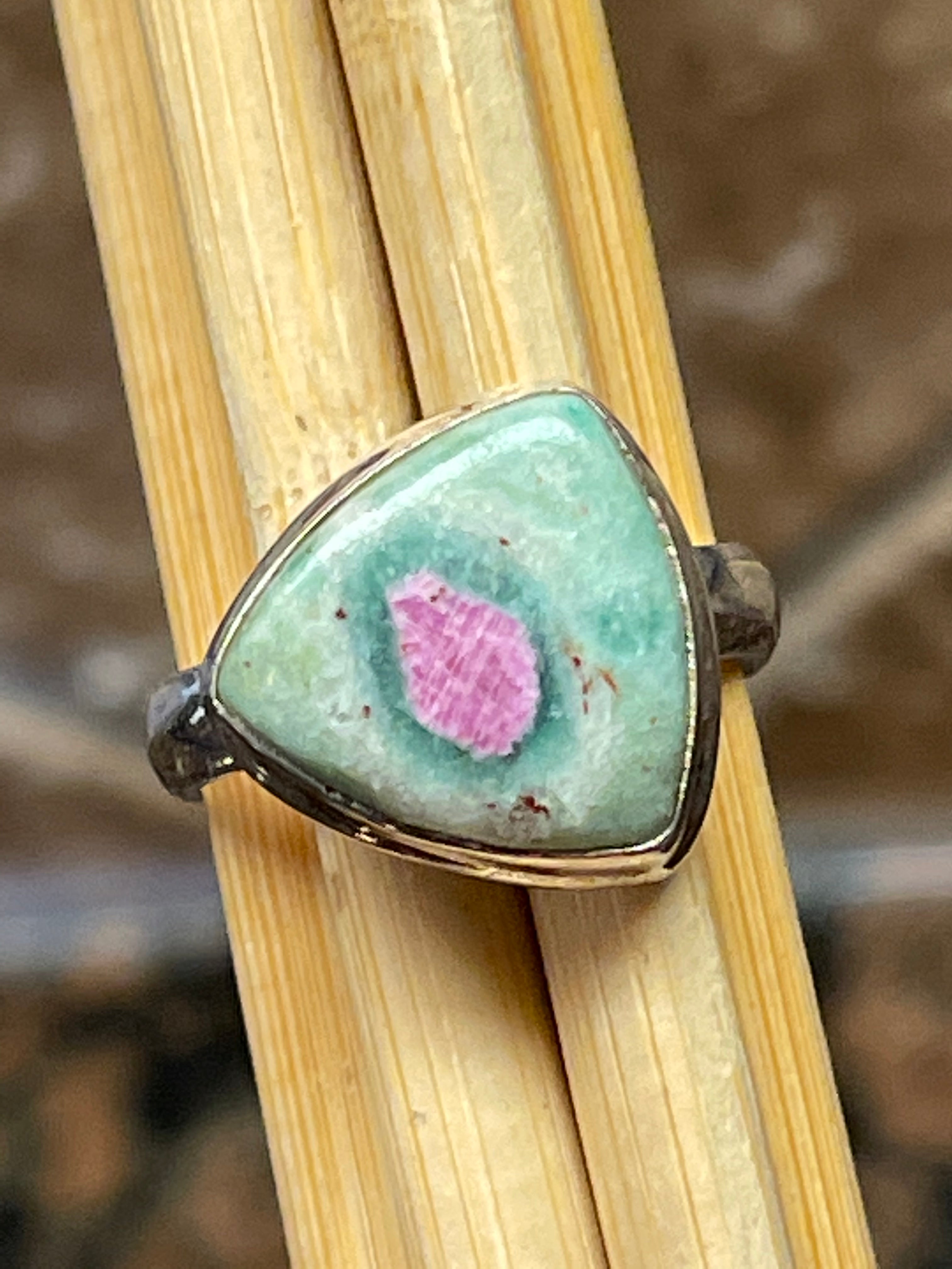 Natural Ruby in Fuchsite 925 Solid Sterling Silver Ring Size 8 - Natural Rocks by Kala