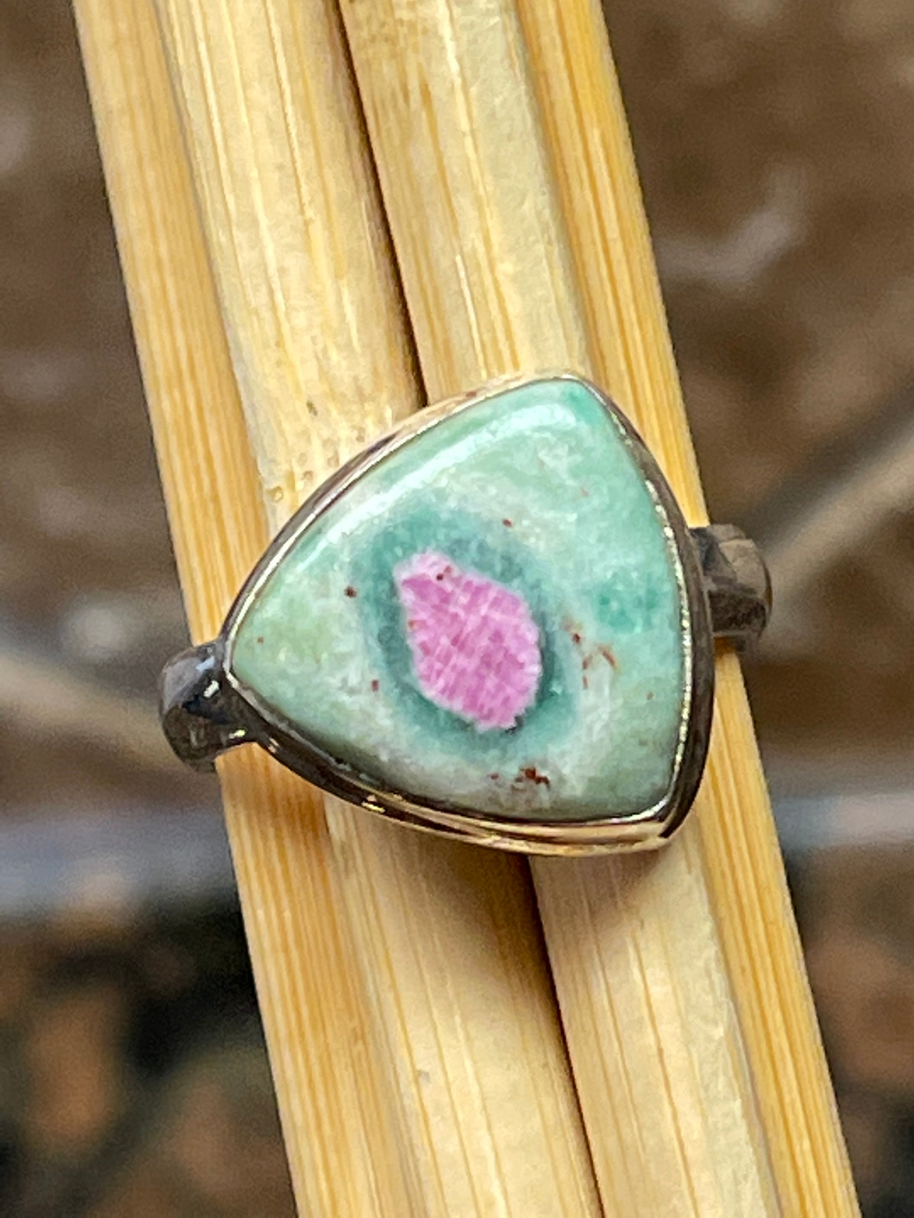 Natural Ruby in Fuchsite 925 Solid Sterling Silver Ring Size 8 - Natural Rocks by Kala