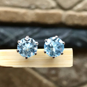 Genuine 2ct Blue Topaz 925 Solid Sterling Silver Stud Earrings 7mm - Natural Rocks by Kala