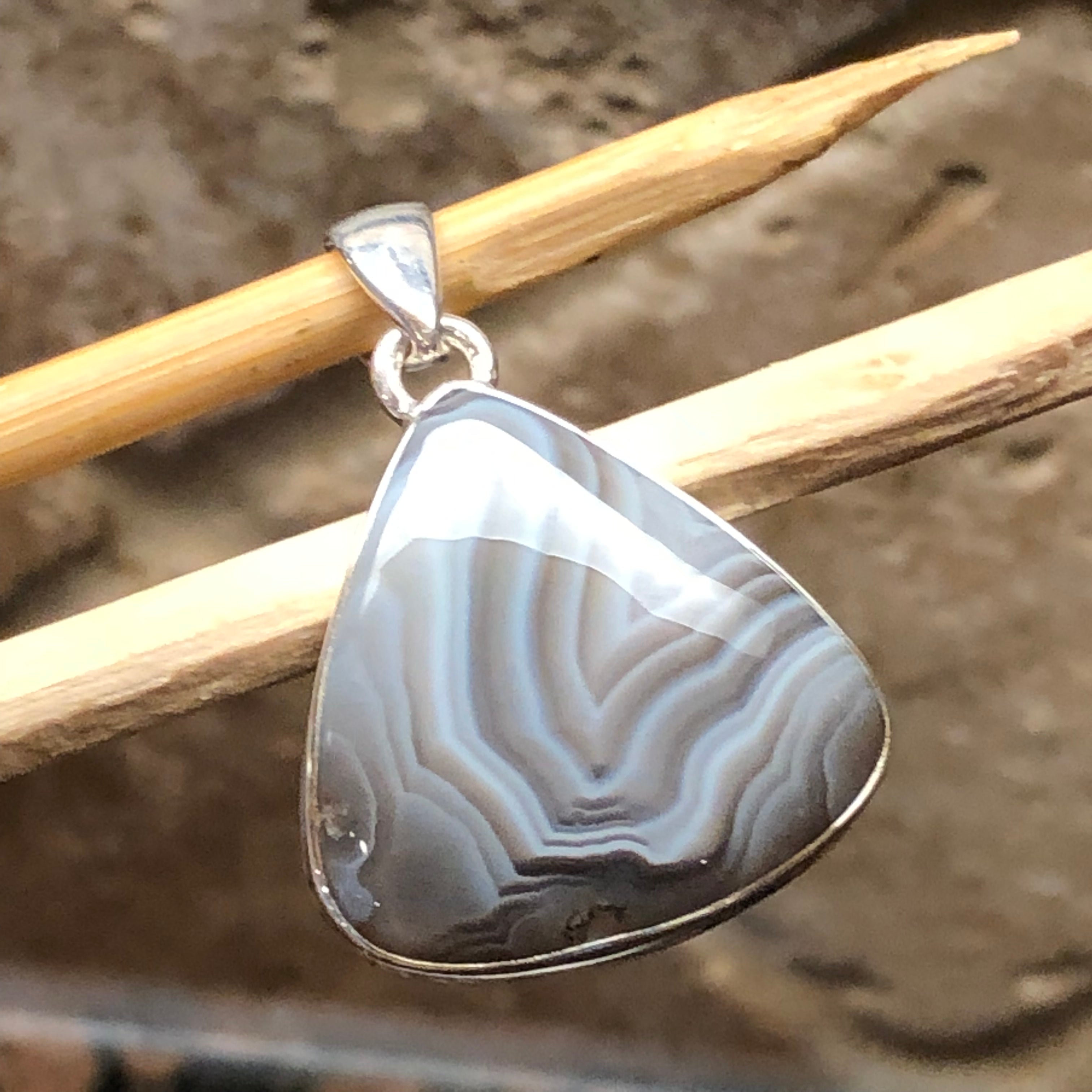 Genuine Botswana Agate 925 Solid Sterling Silver Pendant 40mm - Natural Rocks by Kala