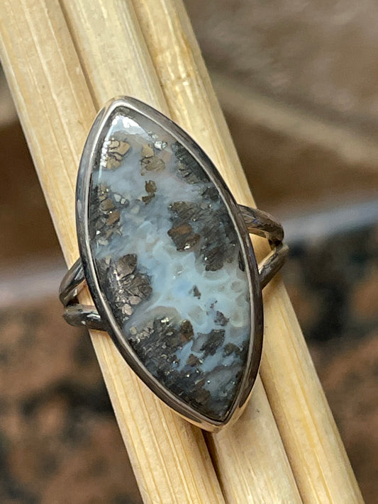 Natural Pyrite in Agate 925 Solid Sterling Silver Ring Size 7.5 - Natural Rocks by Kala