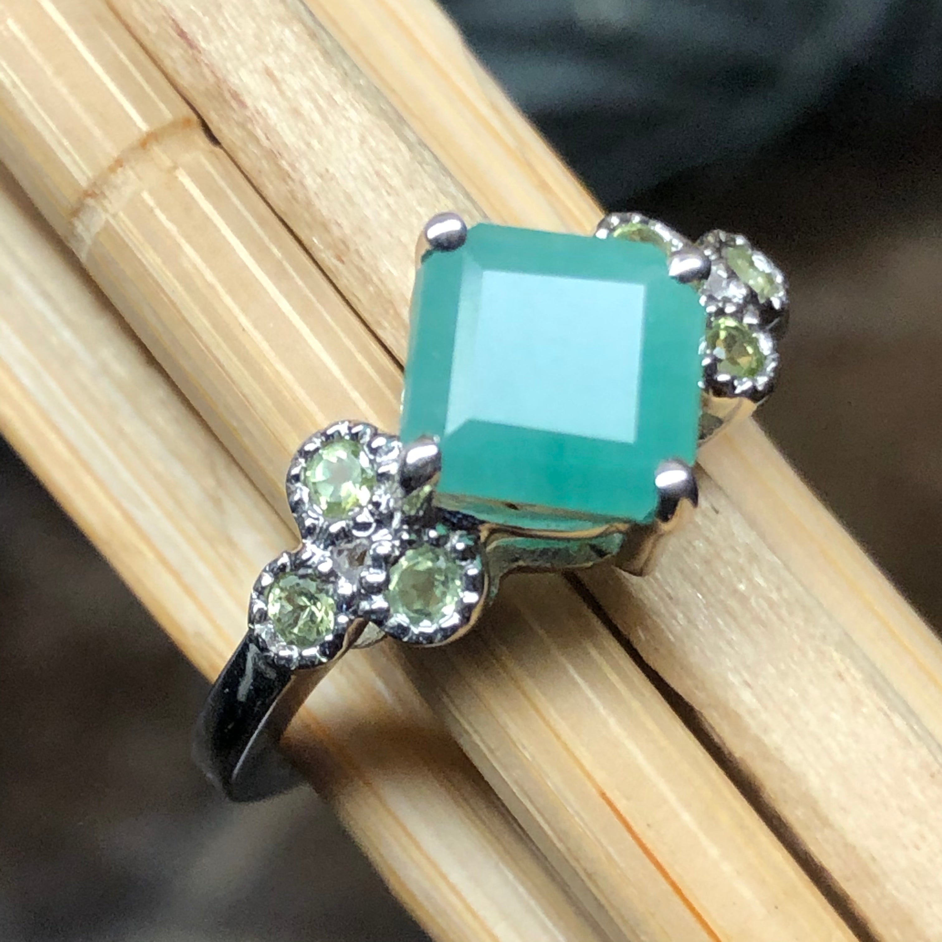 Natural Green Emerald, Peridot 925 Sterling Silver Engagement Ring Size 6, 7, 8, 9 - Natural Rocks by Kala