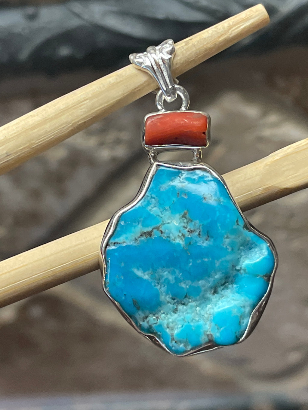 Natural Sleeping Beauty Turquoise, Coral 925 Solid Sterling Silver Pendant 40mm - Natural Rocks by Kala