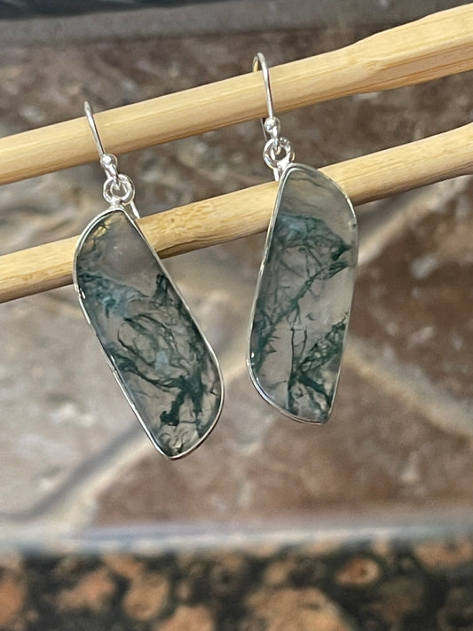 Natural Green Moss Agate 925 Solid Sterling Silver Earrings 45mm - Natural Rocks by Kala