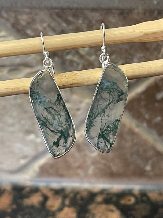 Natural Green Moss Agate 925 Solid Sterling Silver Earrings 45mm - Natural Rocks by Kala