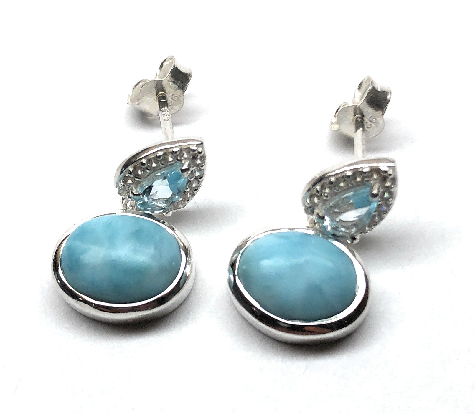Natural Dominican Larimar, Blue Topaz 925 Solid Sterling Silver Earrings 15mm - Natural Rocks by Kala