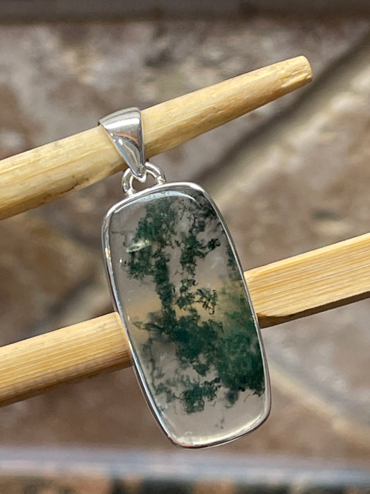 Natural Green Moss Agate 925 Solid Sterling Silver Pendant 35mm - Natural Rocks by Kala
