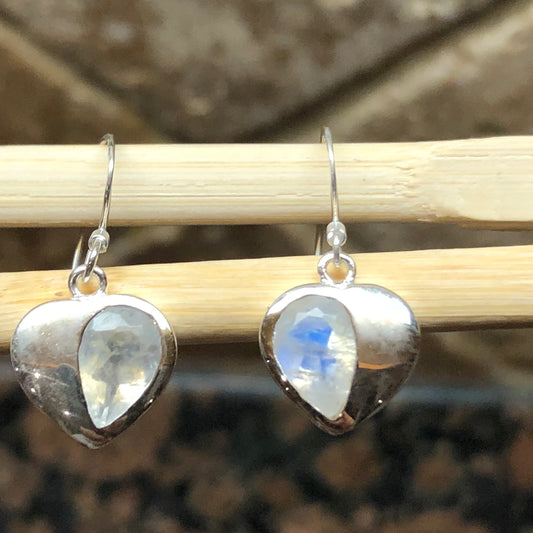 Natural Rainbow Moonstone 925 Solid Sterling Silver Heart Earrings 20mm - Natural Rocks by Kala