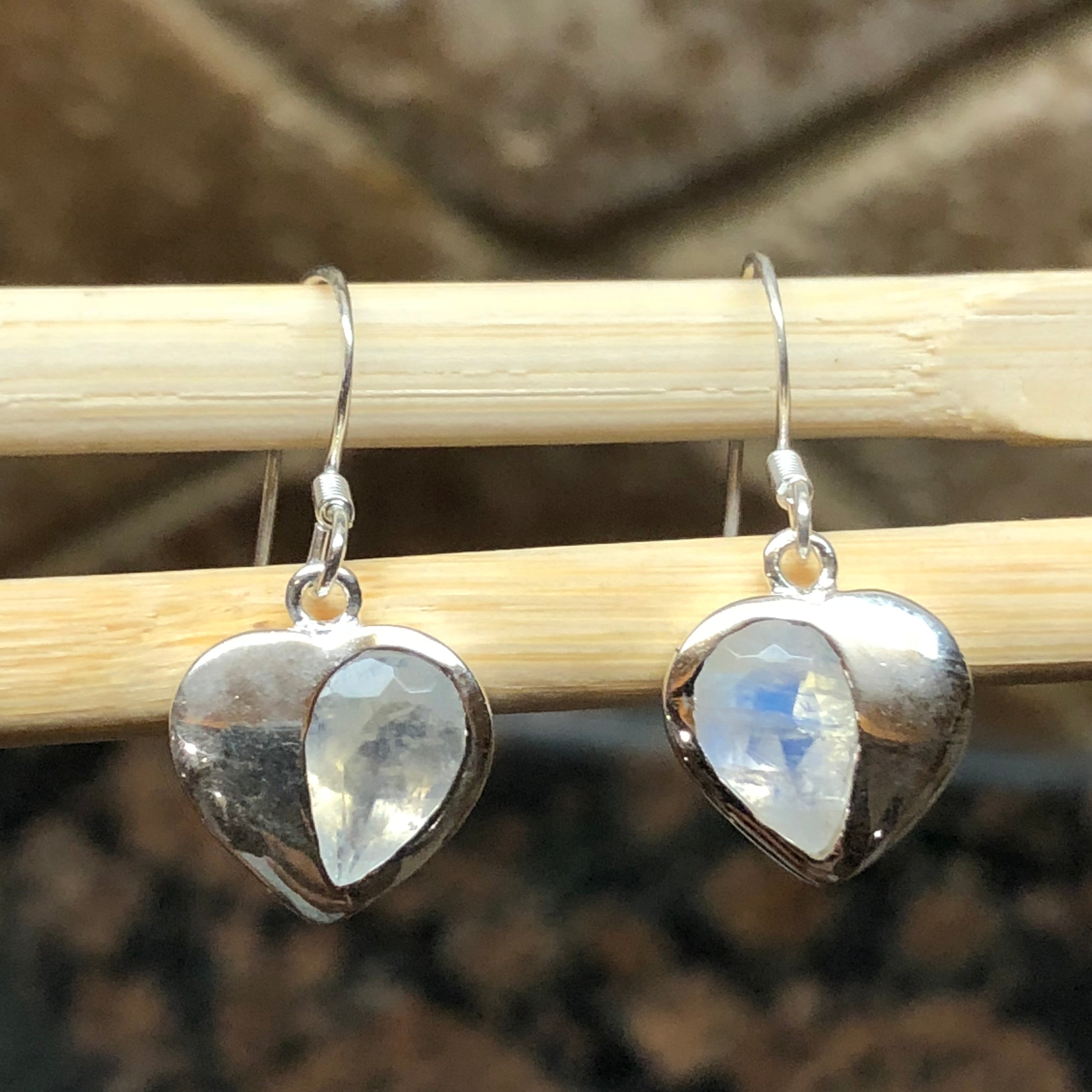 Natural Rainbow Moonstone 925 Solid Sterling Silver Heart Earrings 20mm - Natural Rocks by Kala