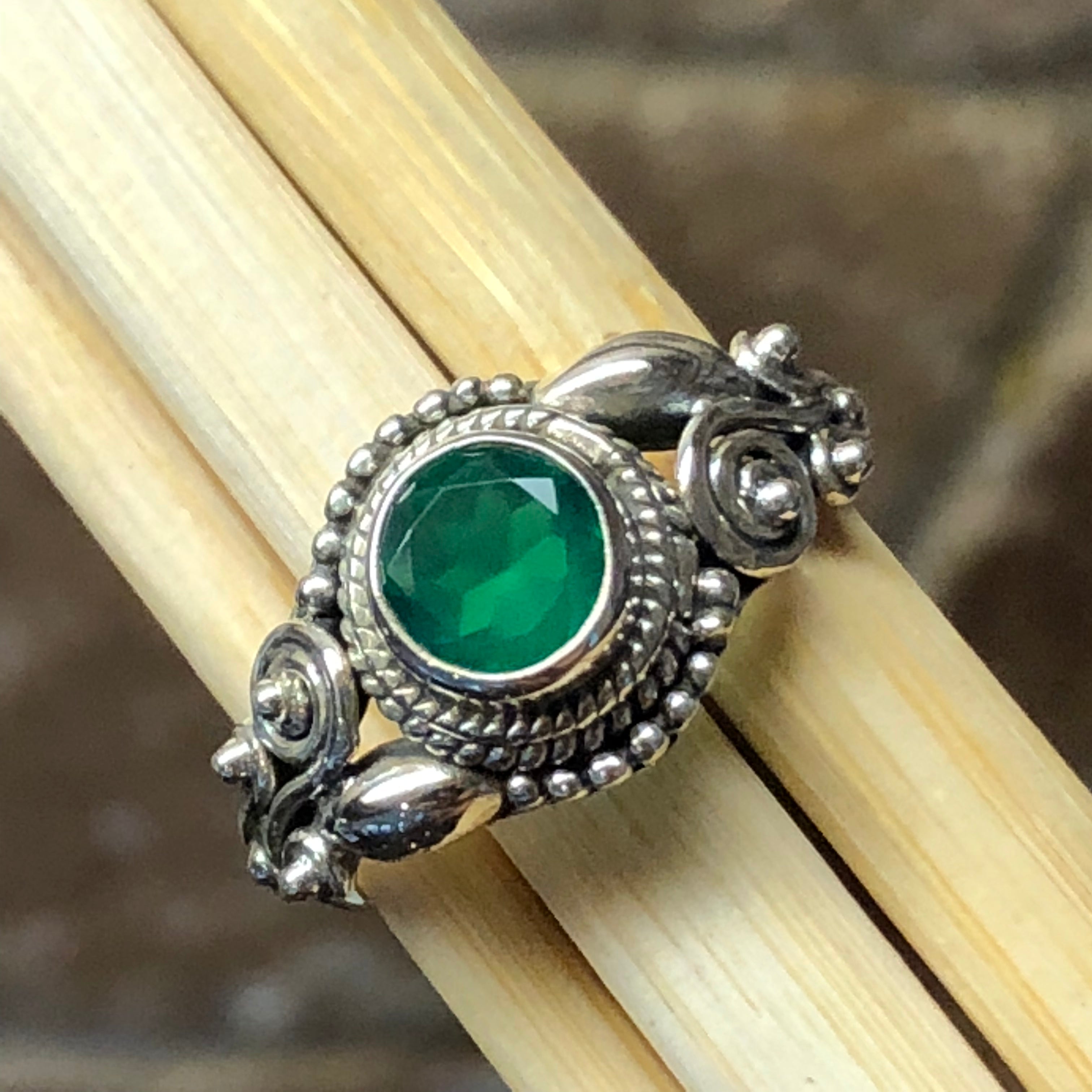 Genuine 1ct Green Onyx 925 Solid Sterling Silver Engagement Ring Size 6, 7, 8, 9 - Natural Rocks by Kala