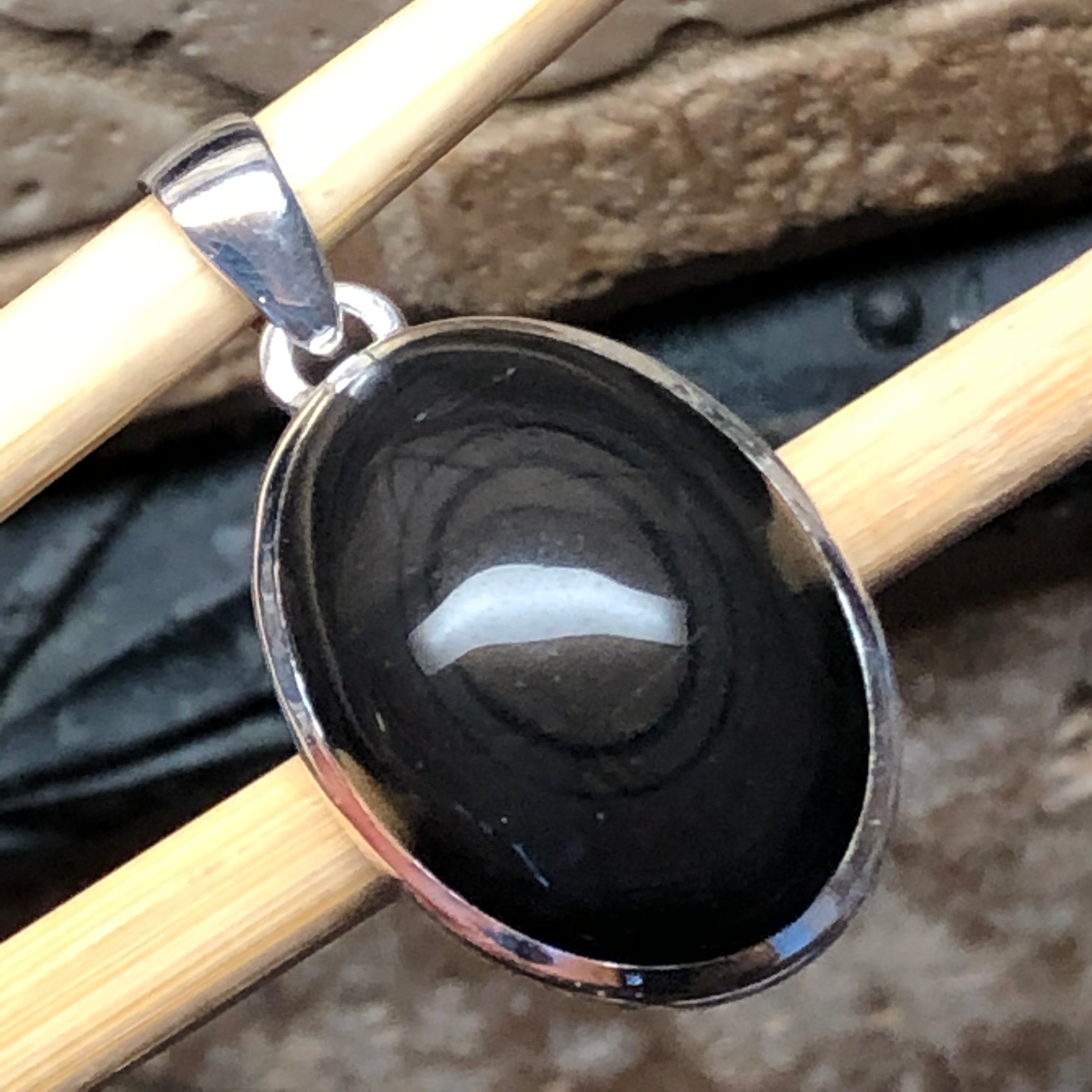 Natural Black Obsidian Eye 925 Sterling Silver Cabochan Pendant 30mm - Natural Rocks by Kala