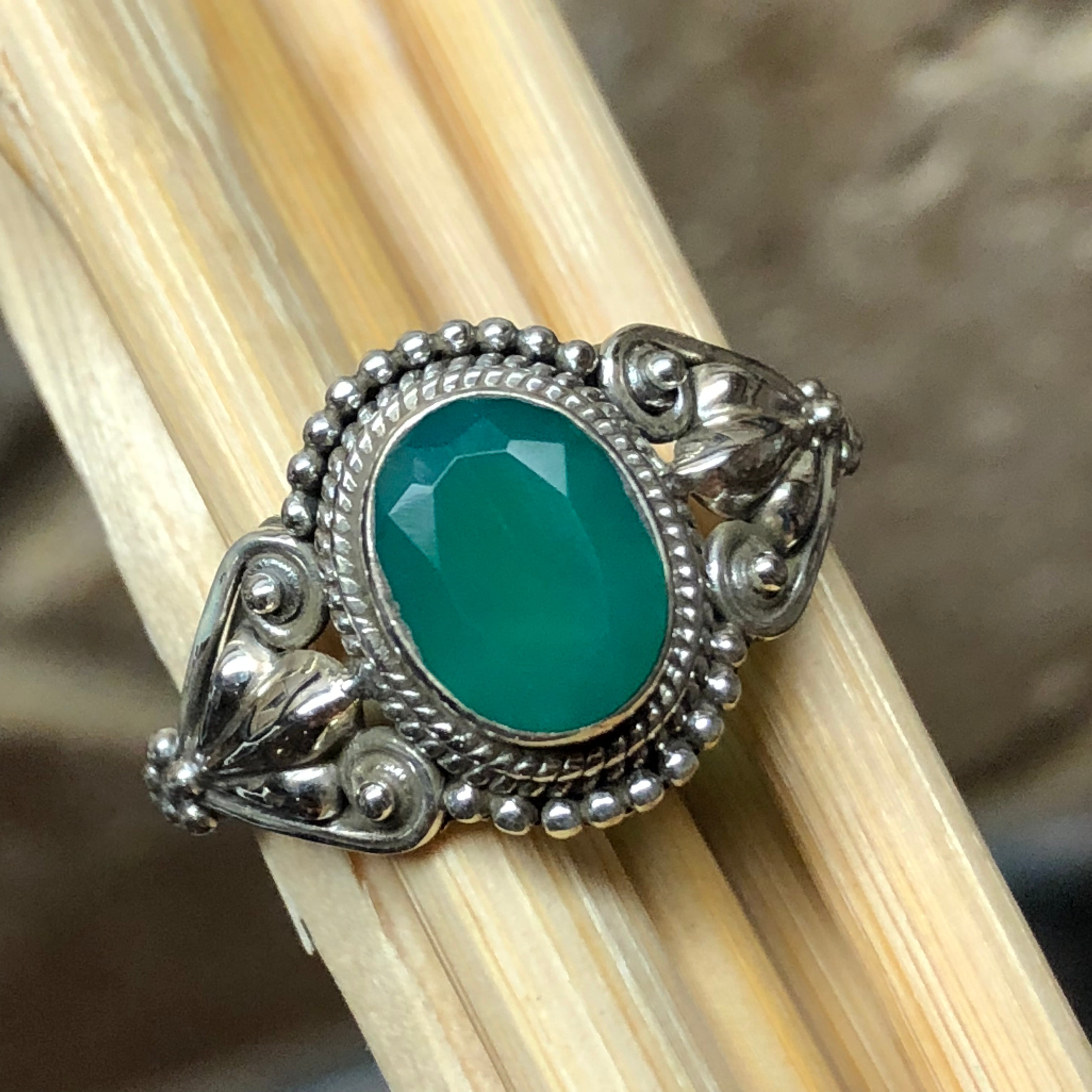 Genuine 2ct Green Onyx 925 Solid Sterling Silver Engagement Ring Size 6, 7, 8, 9 - Natural Rocks by Kala