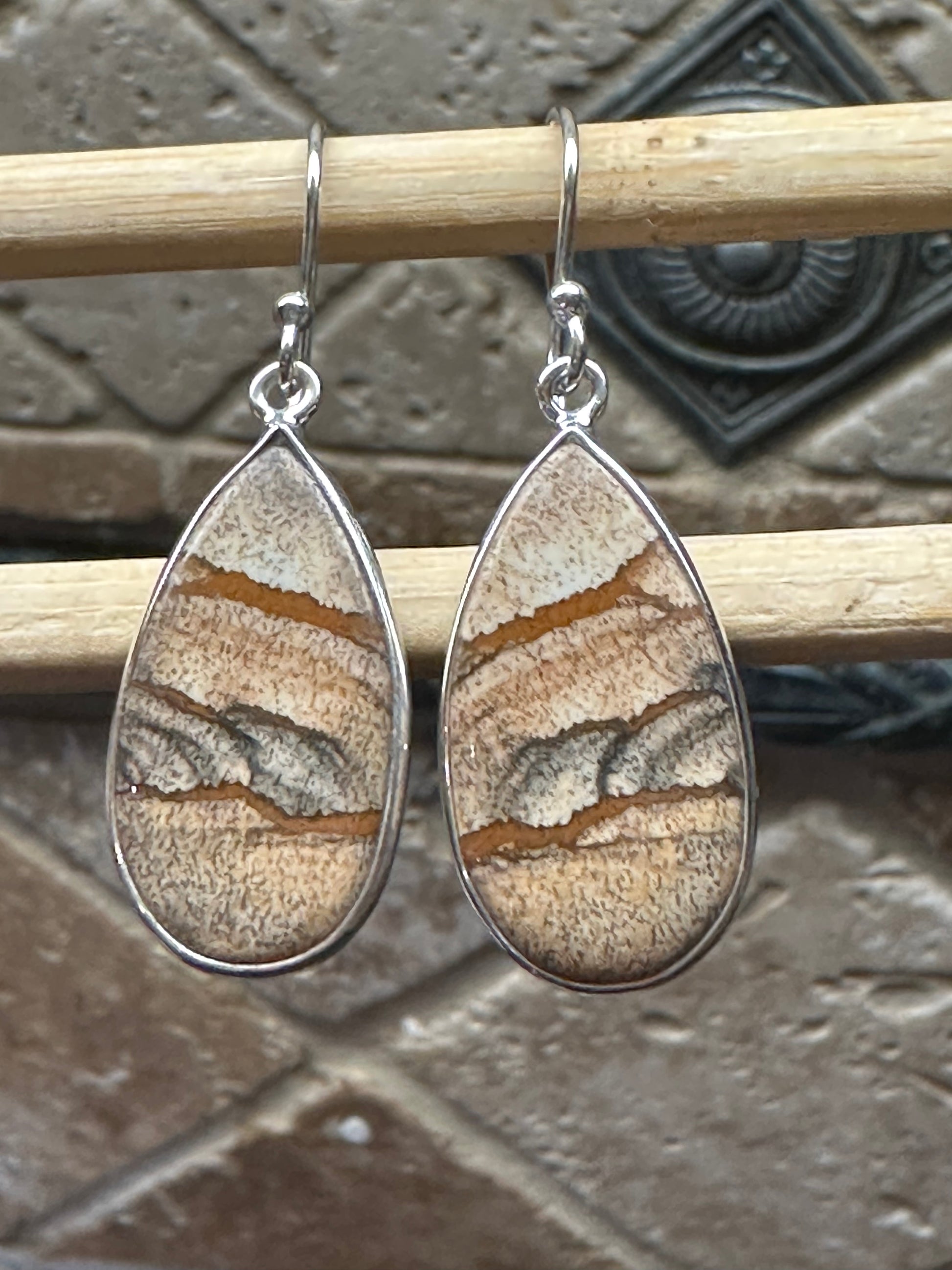Natural Picture Jasper 925 Solid Sterling Silver American Landscape Earrings 40mm - Natural Rocks by Kala