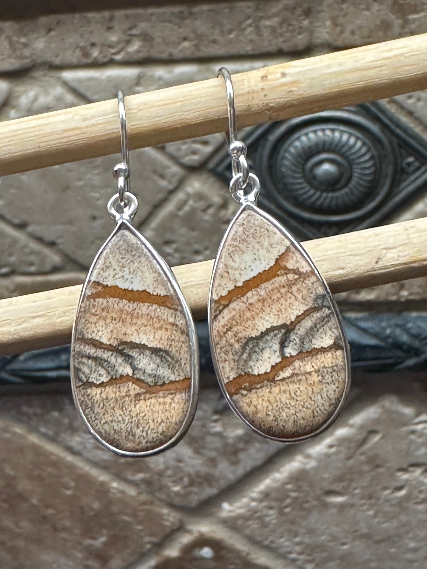Natural Picture Jasper 925 Solid Sterling Silver American Landscape Earrings 40mm - Natural Rocks by Kala