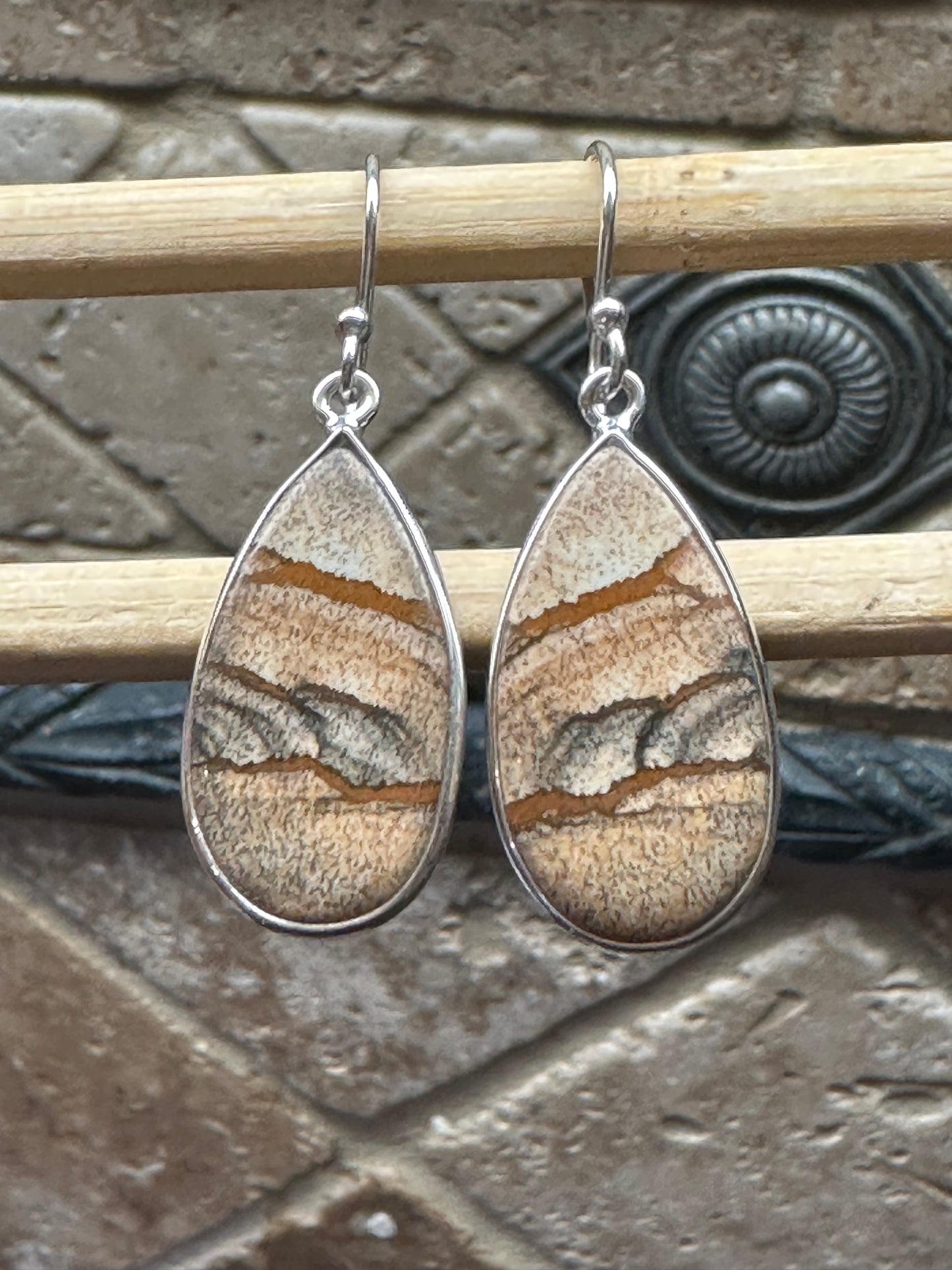 Natural Picture Jasper 925 Solid Sterling Silver American Landscape Earrings 40mm - Natural Rocks by Kala