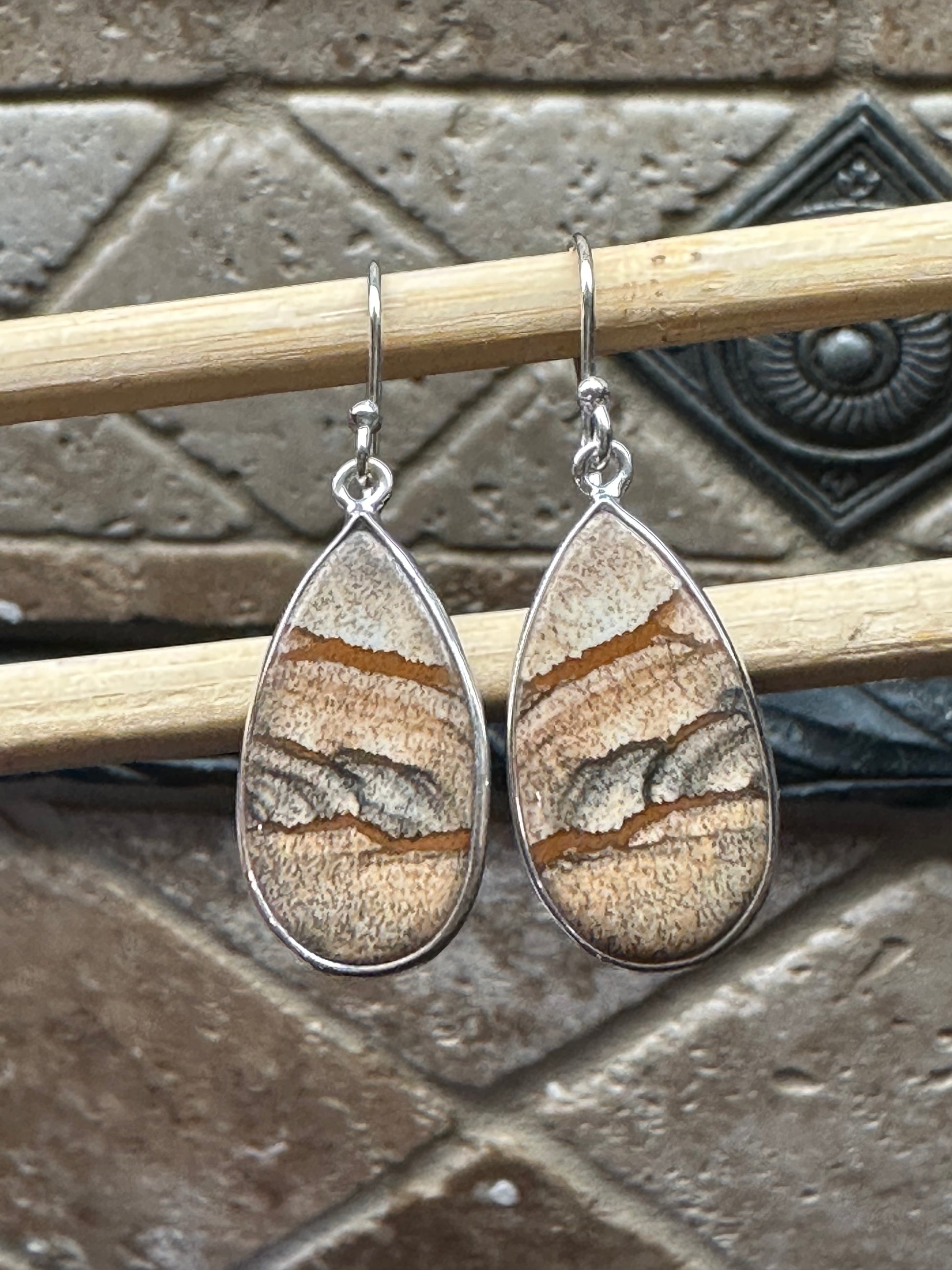 Natural Picture Jasper 925 Solid Sterling Silver American Landscape Earrings 40mm - Natural Rocks by Kala