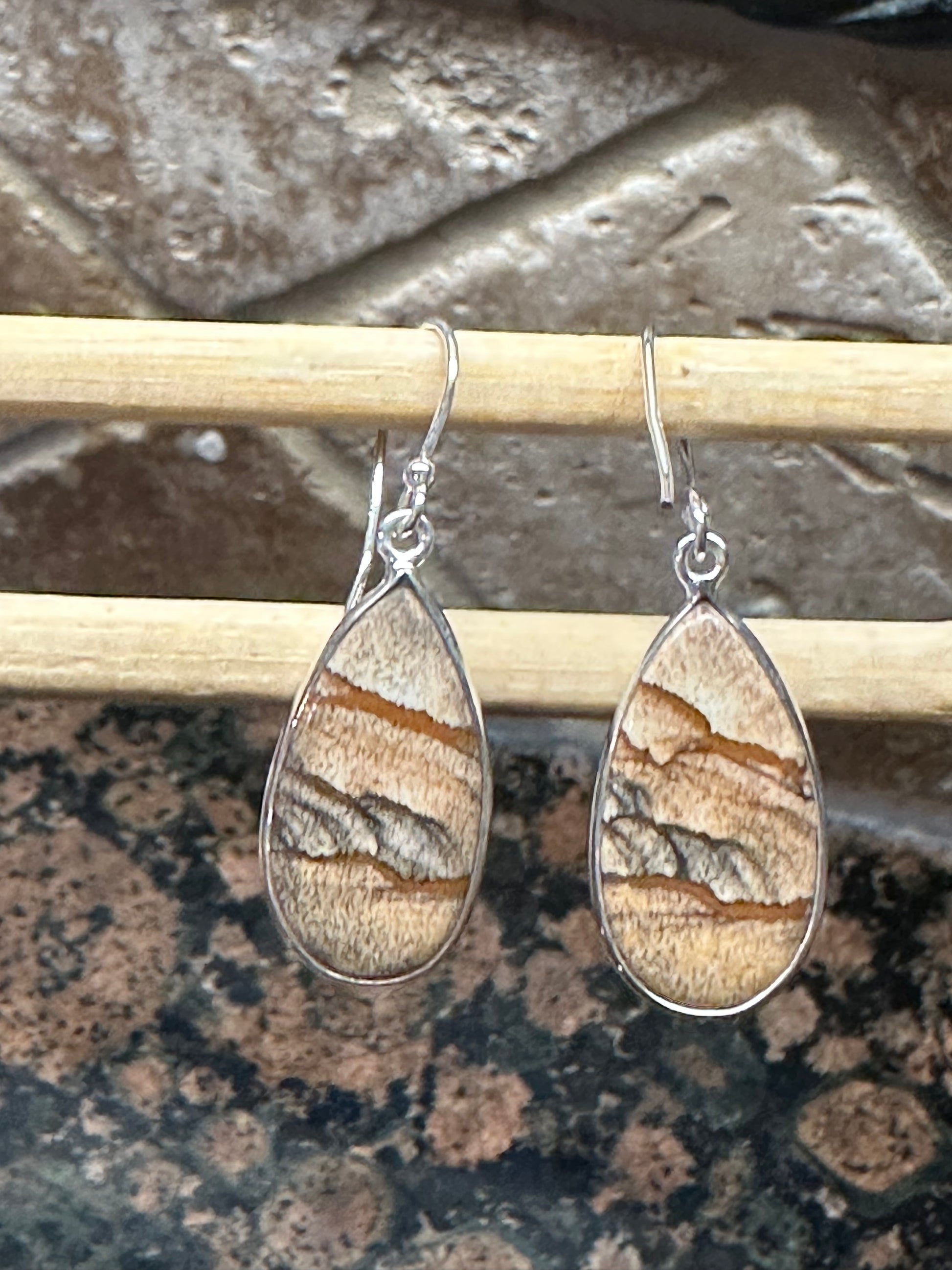 Natural Picture Jasper 925 Solid Sterling Silver American Landscape Earrings 40mm - Natural Rocks by Kala
