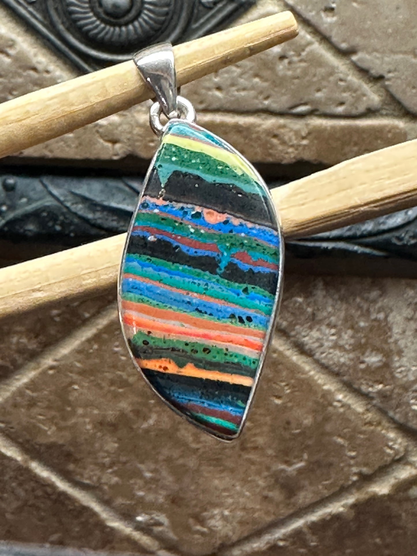 Rainbow Calsilica 925 Solid Sterling Silver Pendant 45mm - Natural Rocks by Kala
