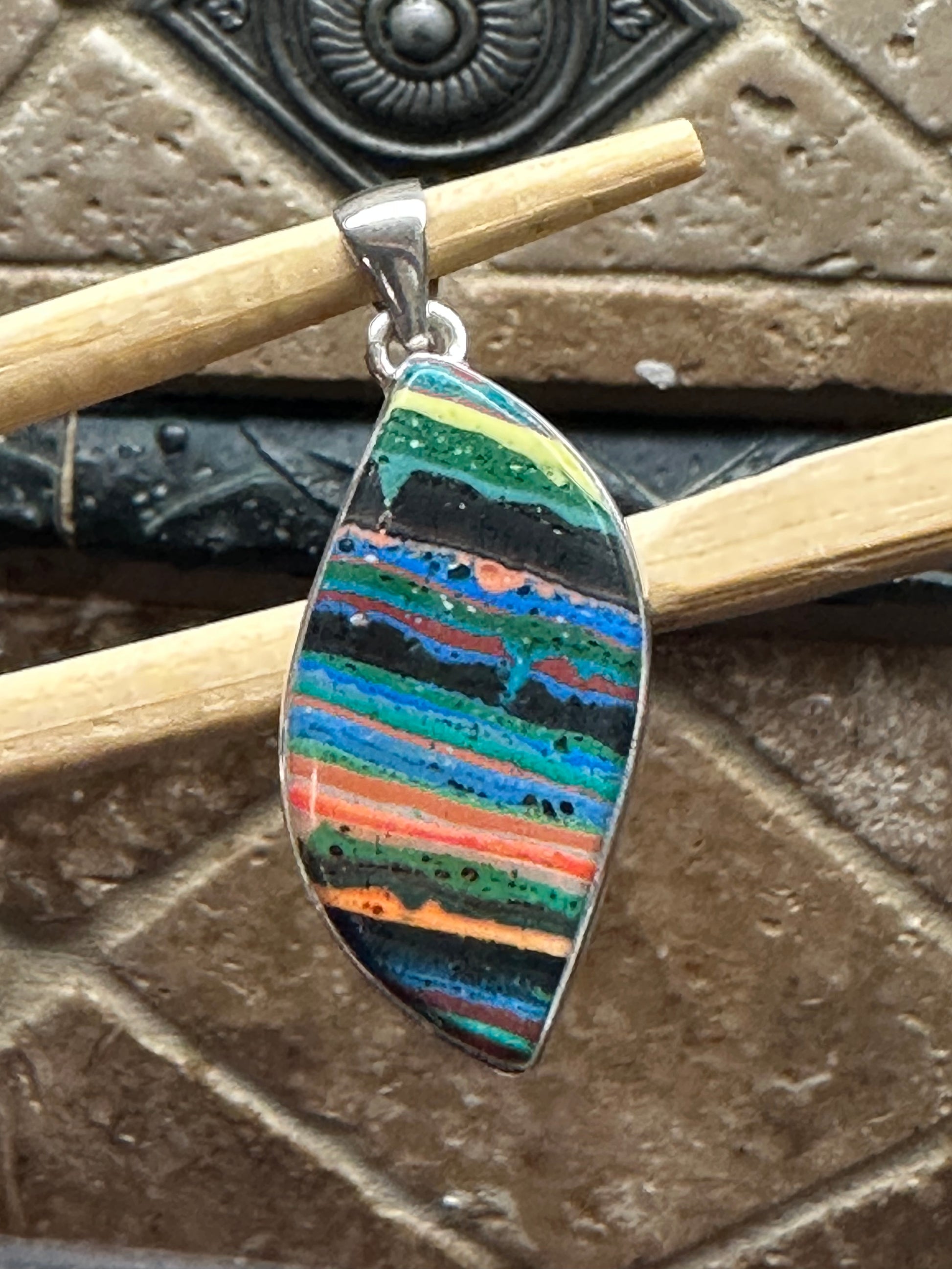 Rainbow Calsilica 925 Solid Sterling Silver Pendant 45mm - Natural Rocks by Kala