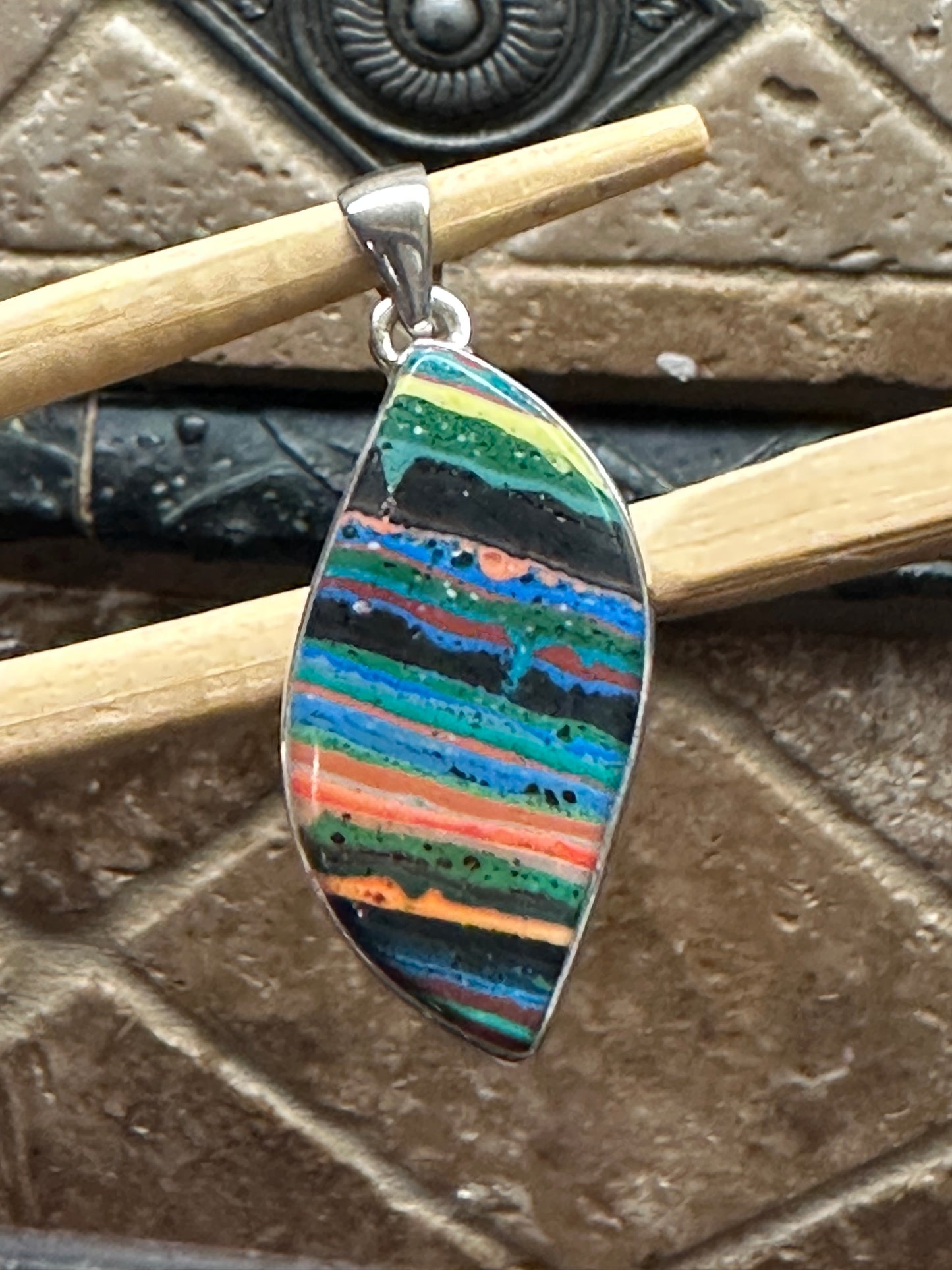 Rainbow Calsilica 925 Solid Sterling Silver Pendant 45mm - Natural Rocks by Kala