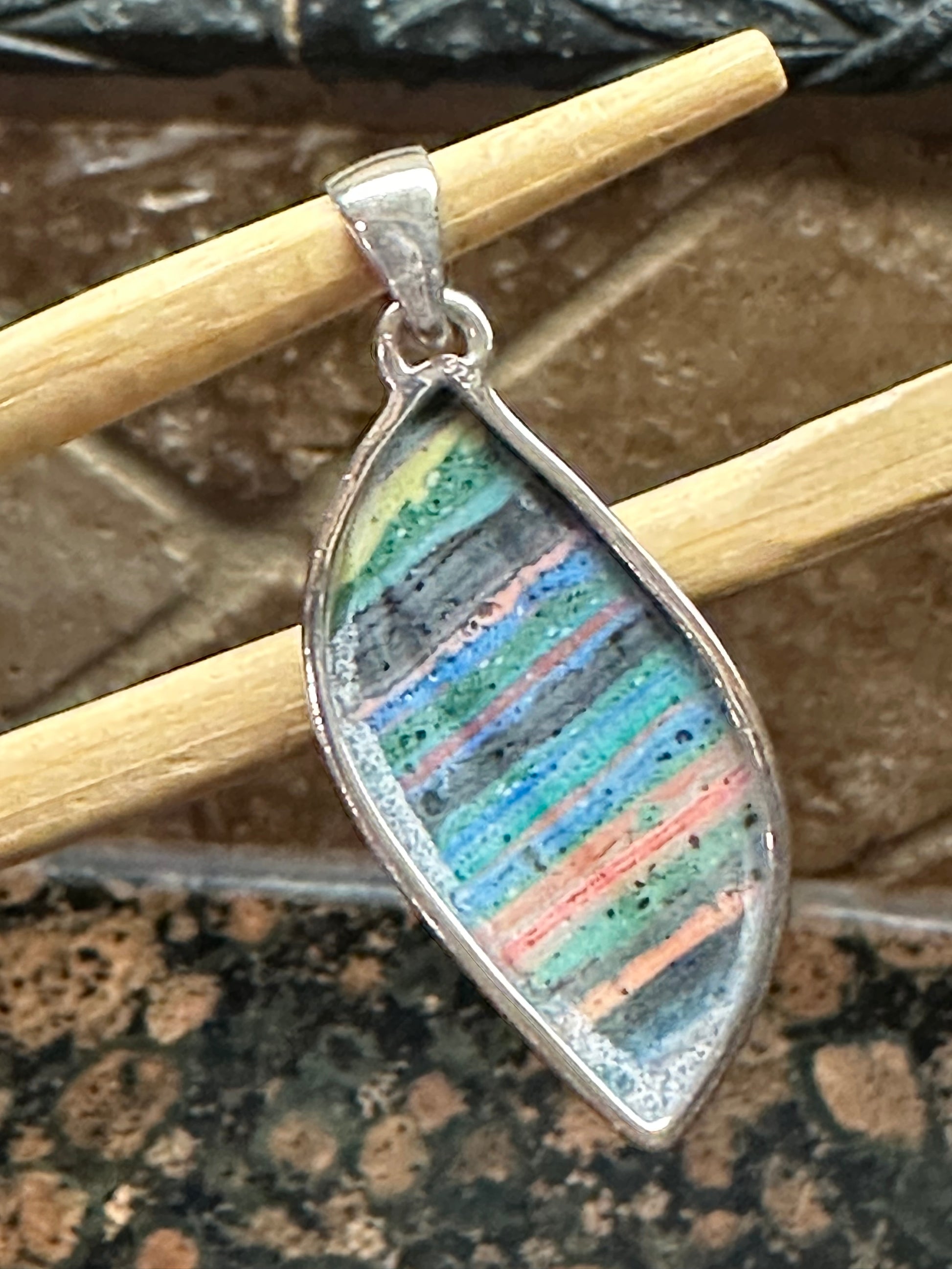 Rainbow Calsilica 925 Solid Sterling Silver Pendant 45mm - Natural Rocks by Kala