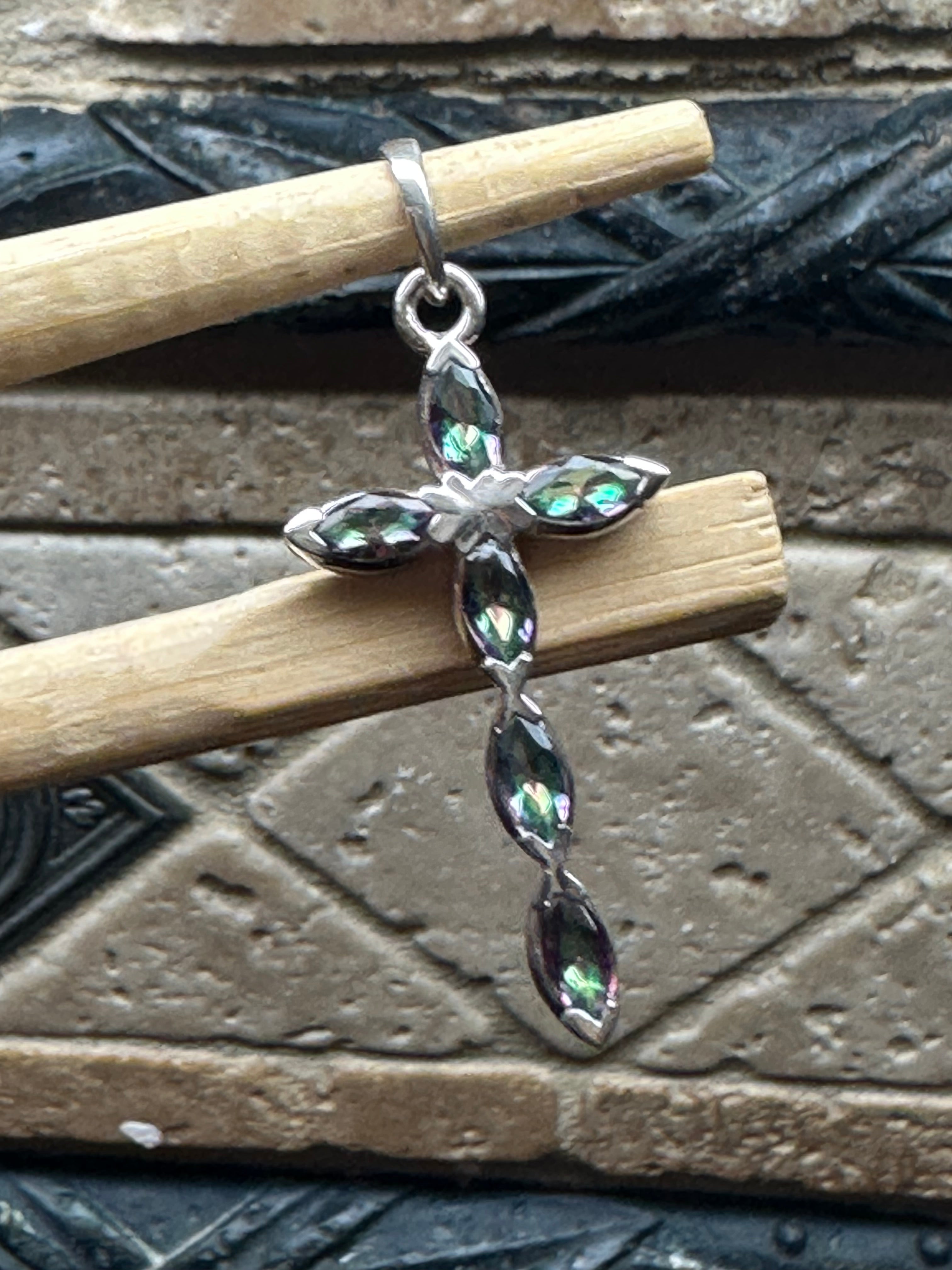 Rainbow Mystic Topaz 925 Solid Sterling Silver Cross Pendant 30mm - Natural Rocks by Kala