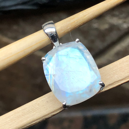 Genuine Rainbow Moonstone 925 Solid Sterling Silver Pendant 25mm - Natural Rocks by Kala