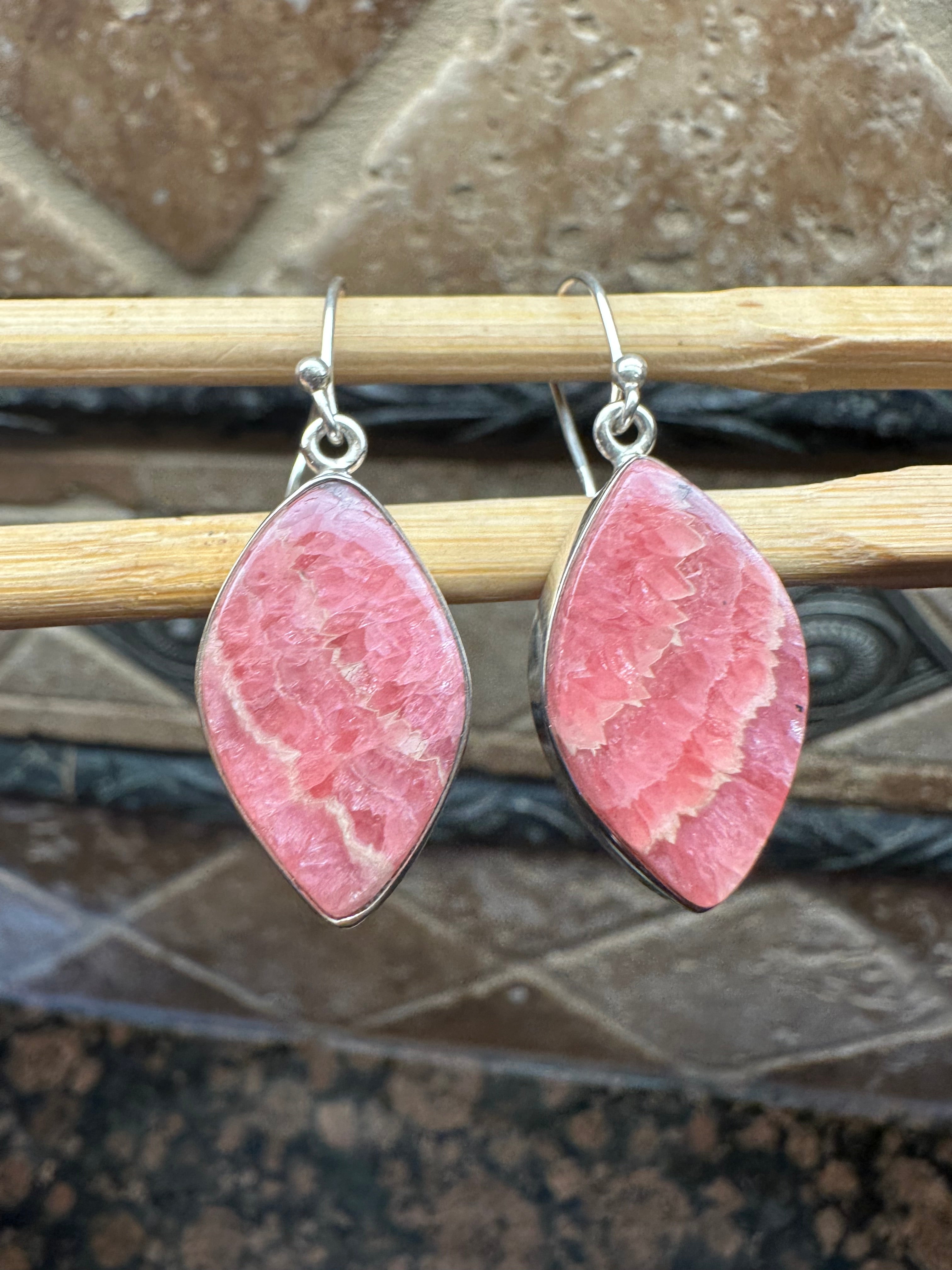 Natural Pink Rhodocrosite 925 Sterling Silver Earrings 40mm - Natural Rocks by Kala