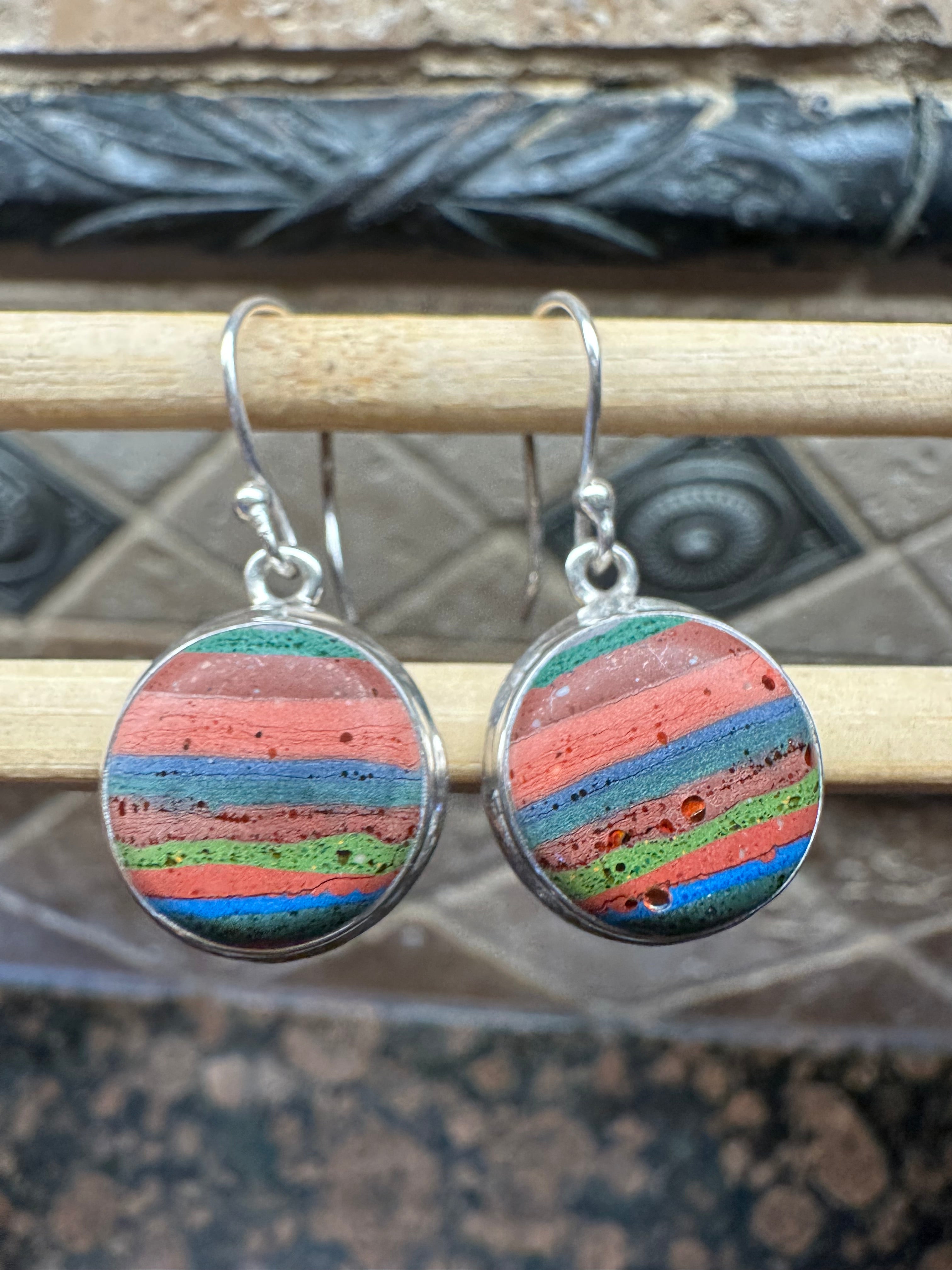 Rainbow Calsilica 925 Solid Sterling Silver Earrings 25mm - Natural Rocks by Kala