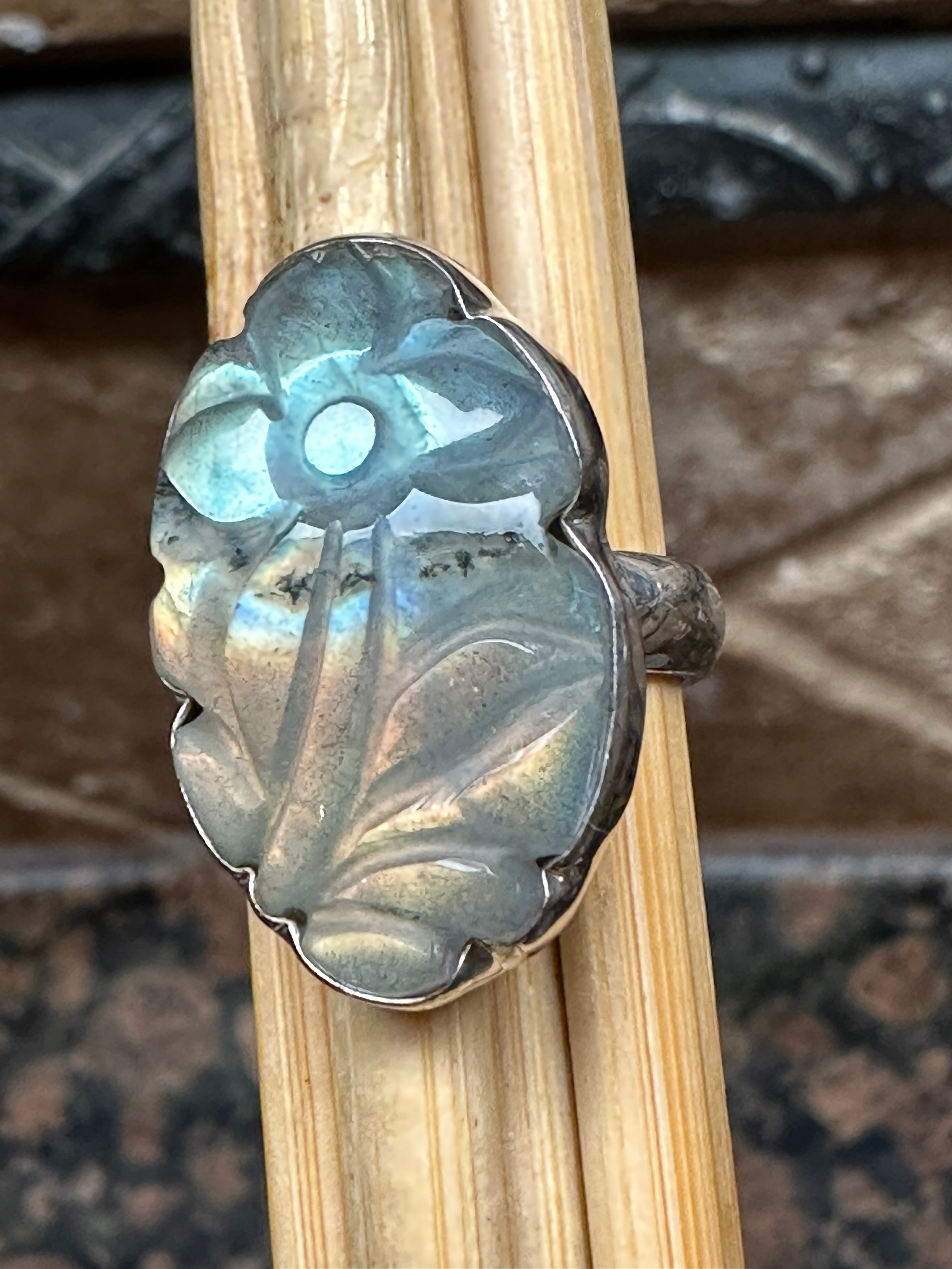 Natural Blue Labradorite 925 Solid Sterling Silver Handcarved Ring Size 5.5 - Natural Rocks by Kala