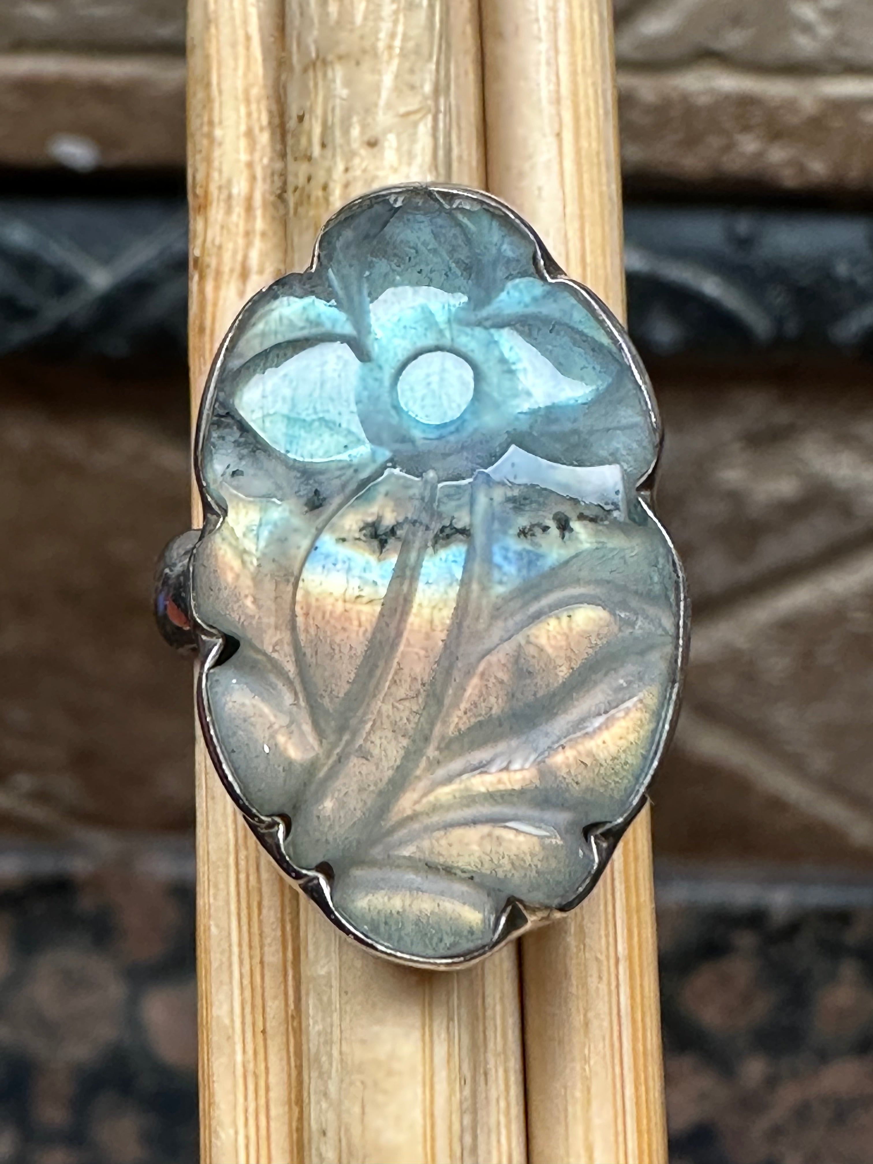 Natural Blue Labradorite 925 Solid Sterling Silver Handcarved Ring Size 5.5 - Natural Rocks by Kala