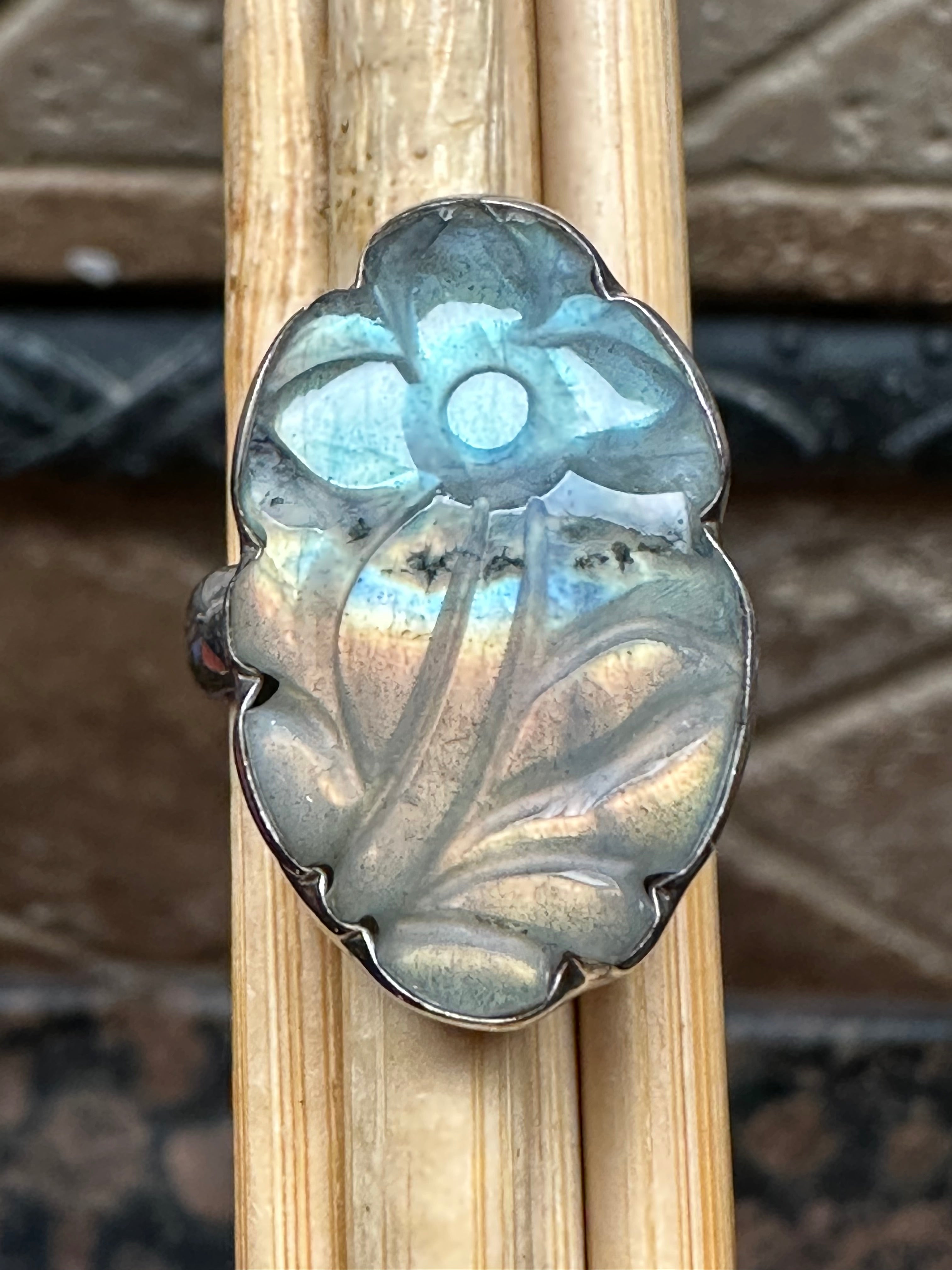 Natural Blue Labradorite 925 Solid Sterling Silver Handcarved Ring Size 5.5 - Natural Rocks by Kala