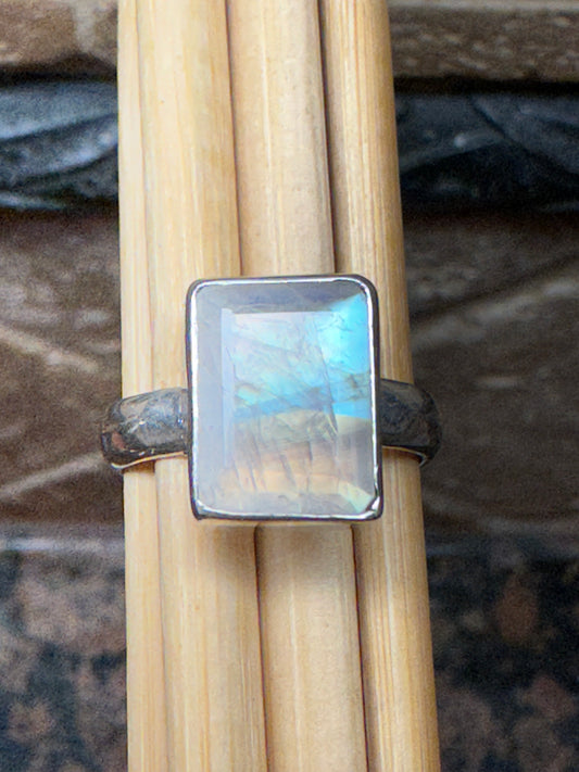 Natural Rainbow Moonstone 925 Solid Sterling Silver Engagement Ring Size 7.5 - Natural Rocks by Kala