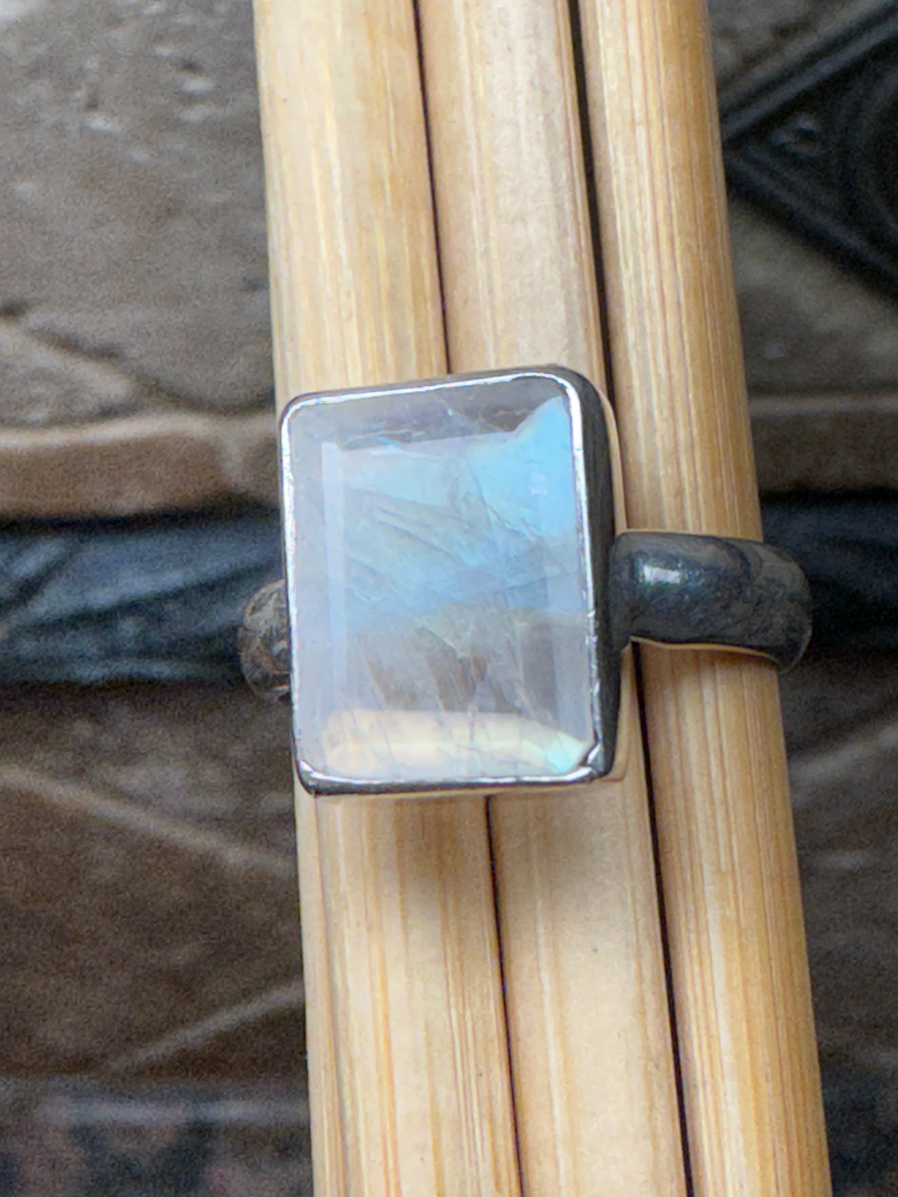 Natural Rainbow Moonstone 925 Solid Sterling Silver Engagement Ring Size 7.5 - Natural Rocks by Kala